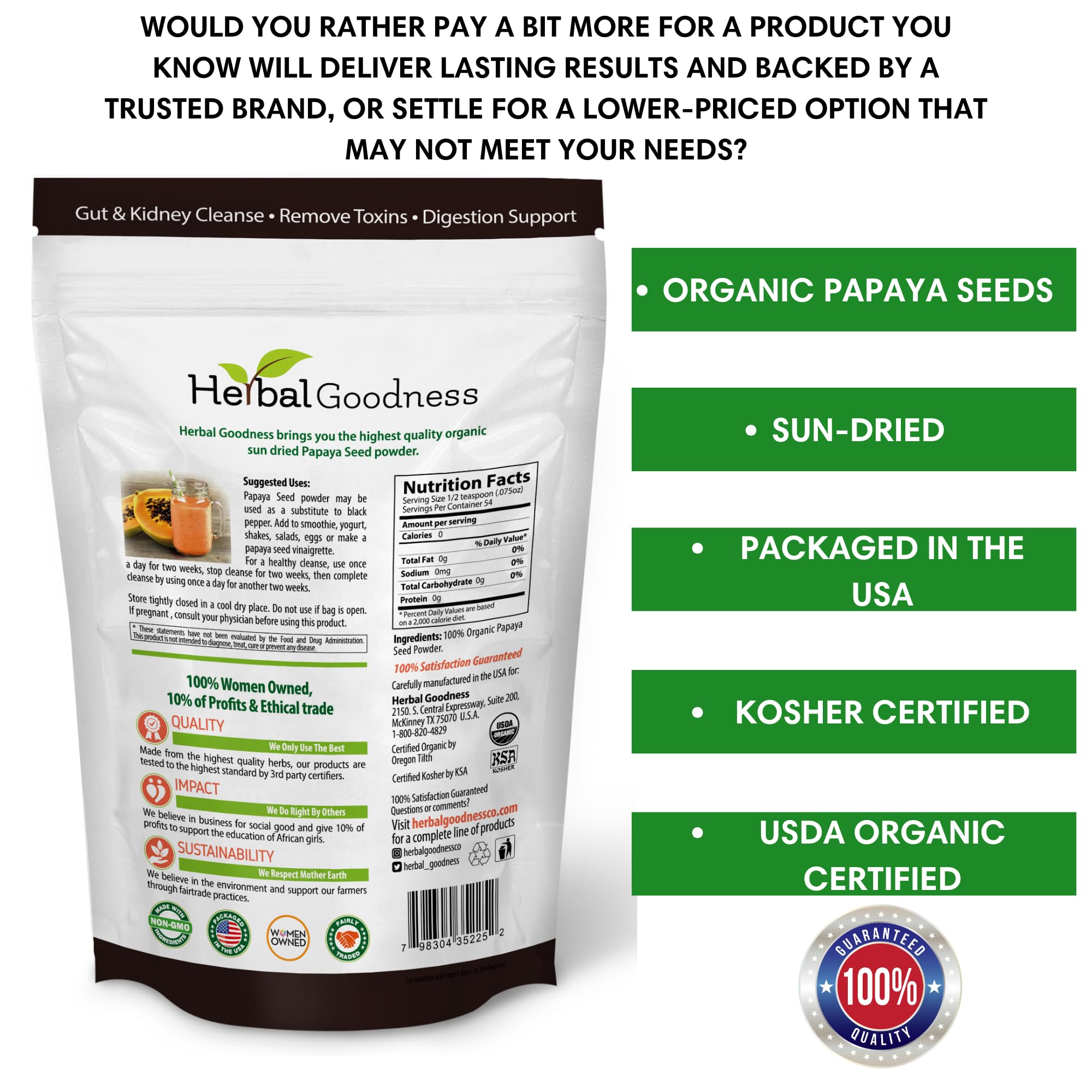 Herbal Goodness detalle de semillas secas indicando origen orgánico y conservación