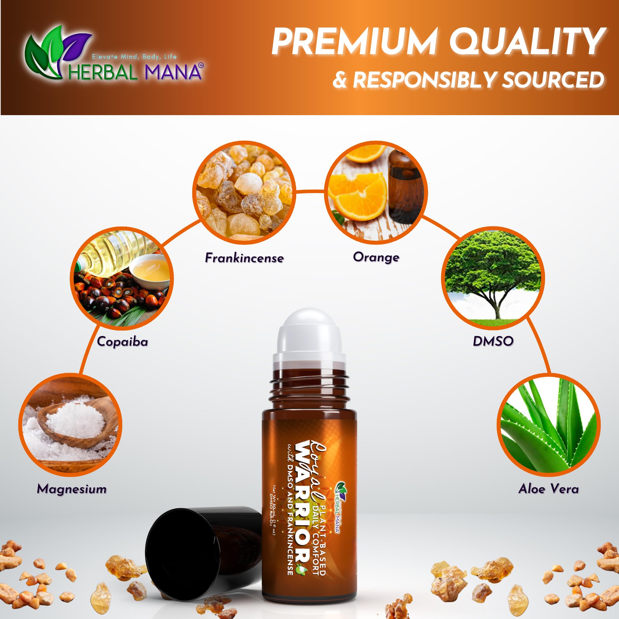 Herbal Mana etiqueta con ingredientes botánicos y DMSO clara