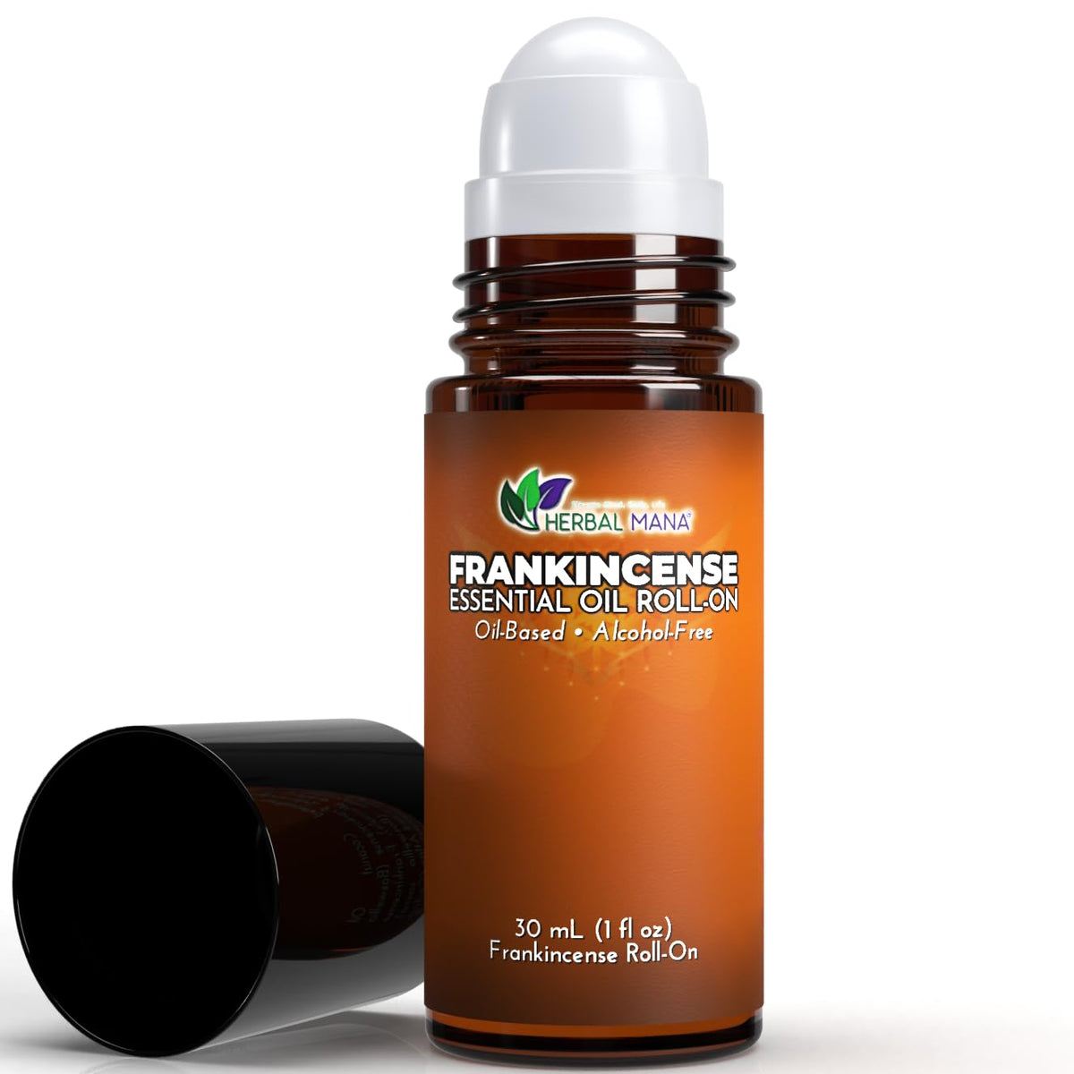 Herbal Mana roll-on frente mostrando frasco y práctica aplicación