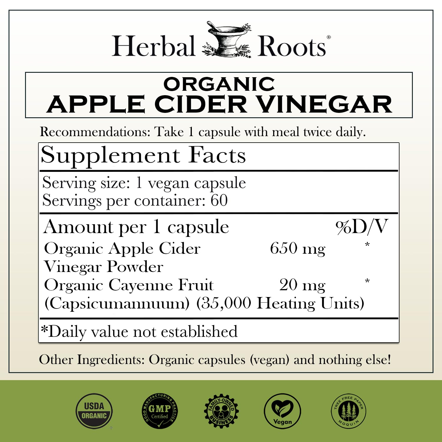 Herbal Roots cápsula en primer plano que ilustra fácil de tragar