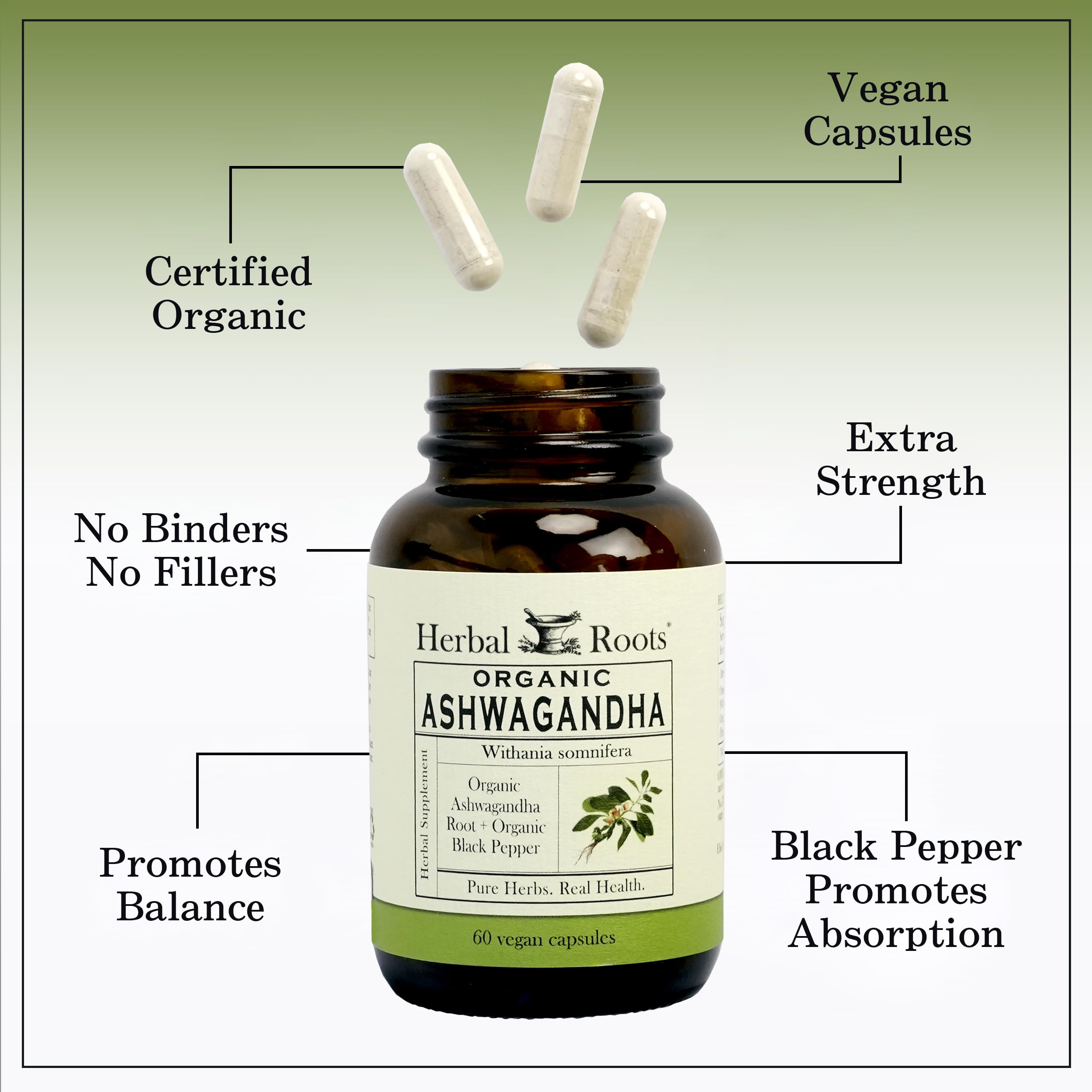 Herbal Roots cápsulas dentro del frasco destacando cantidad y aspecto