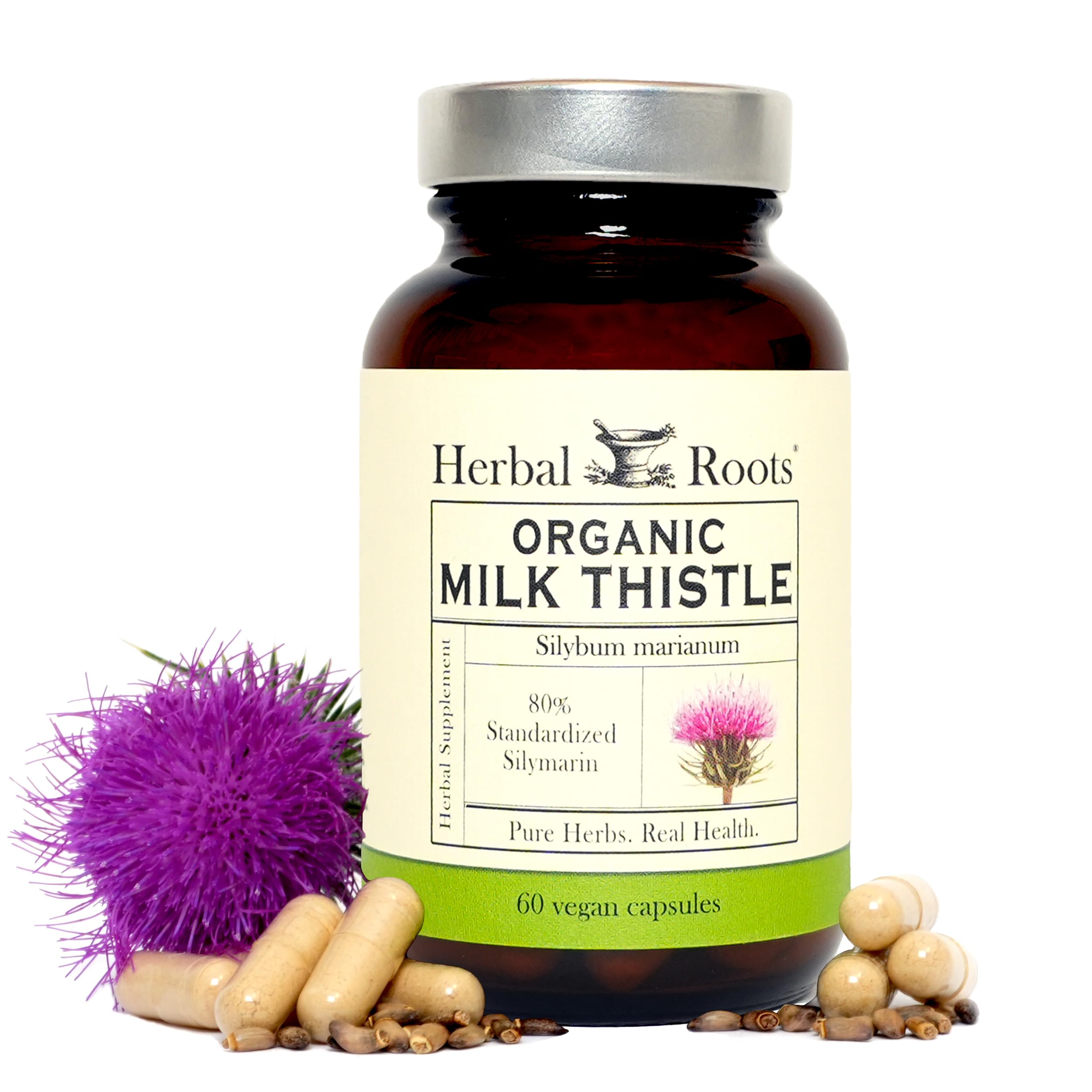 Herbal Roots frente del envase mostrando etiqueta clara y beneficio hepático