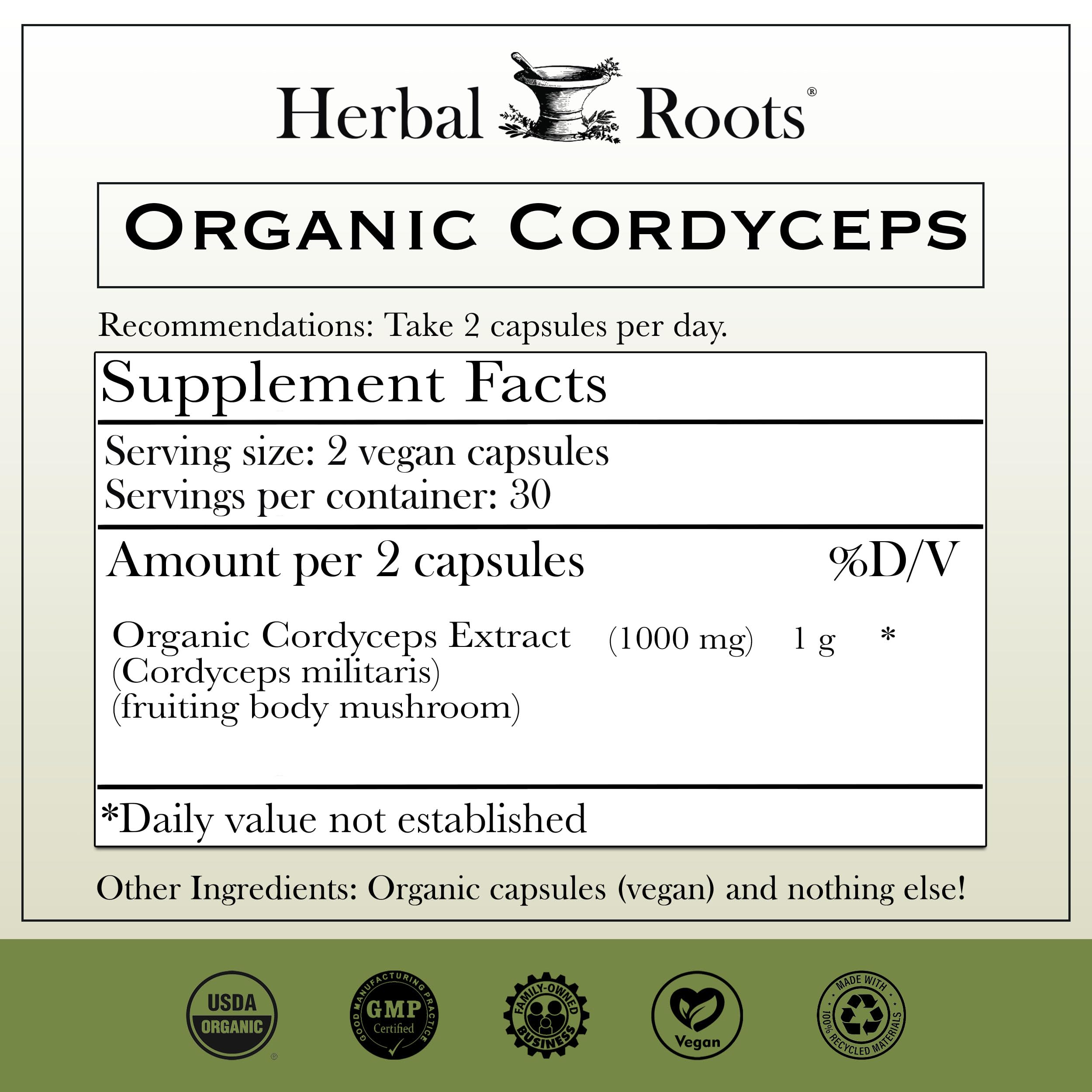 Herbal Roots detalle de etiqueta con ingredientes y certificaciones visibles