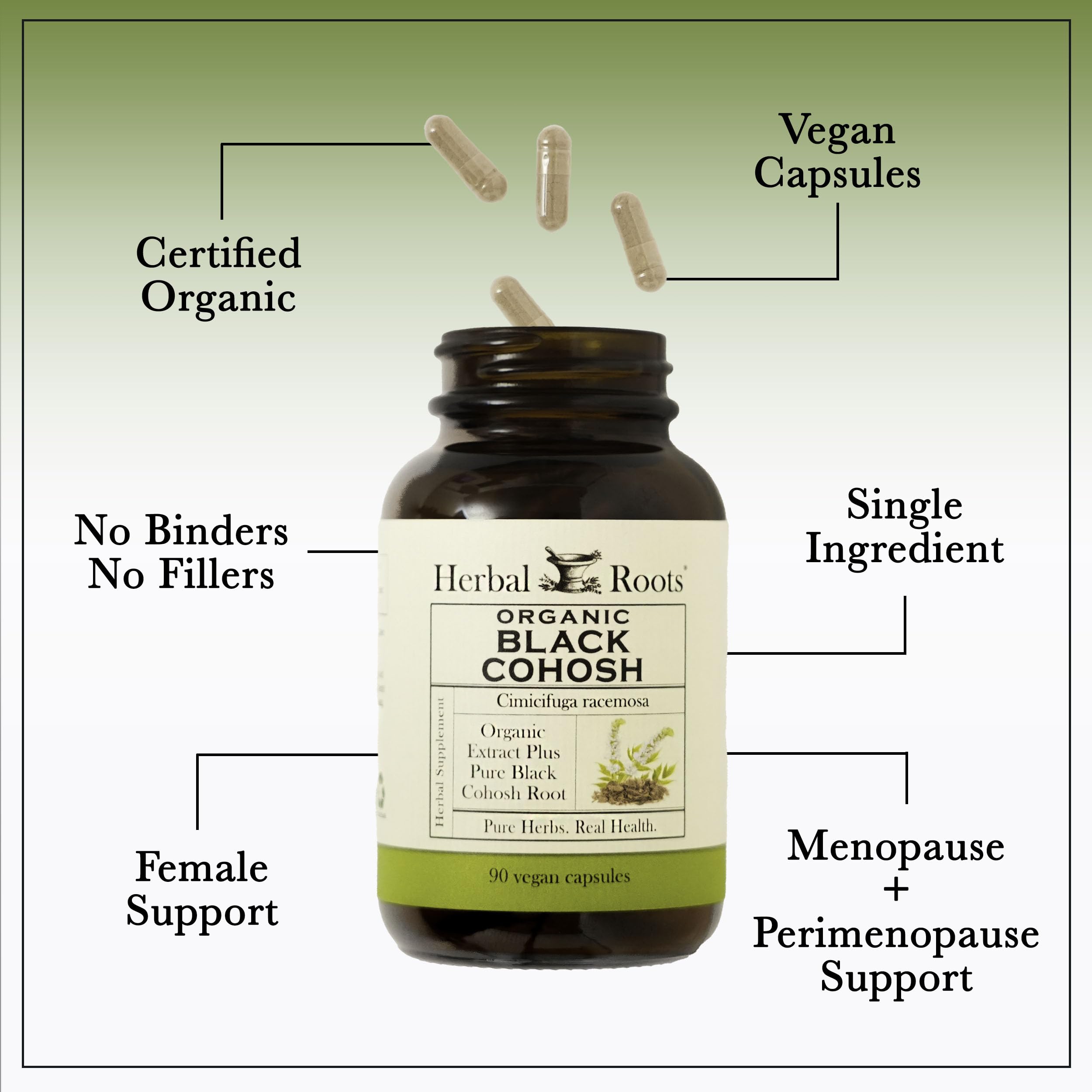 Herbal Roots envase junto a mano que toma cápsula para uso diario y conveniencia