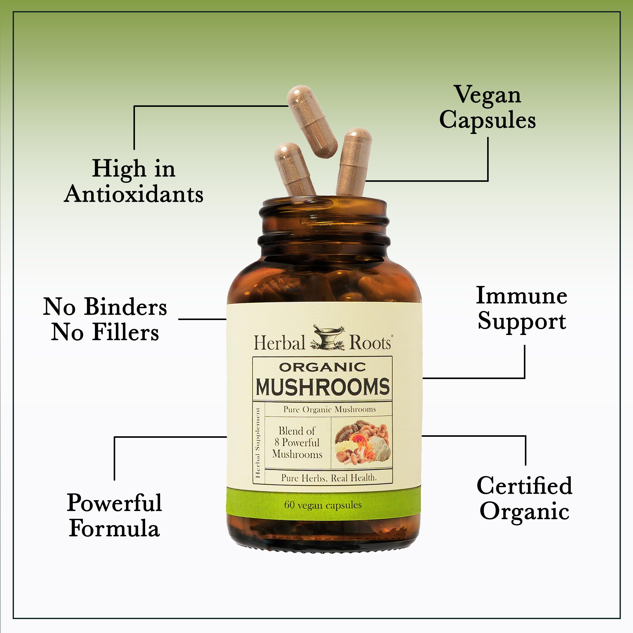 Herbal Roots cápsula frente a mano mostrando tamaño práctico