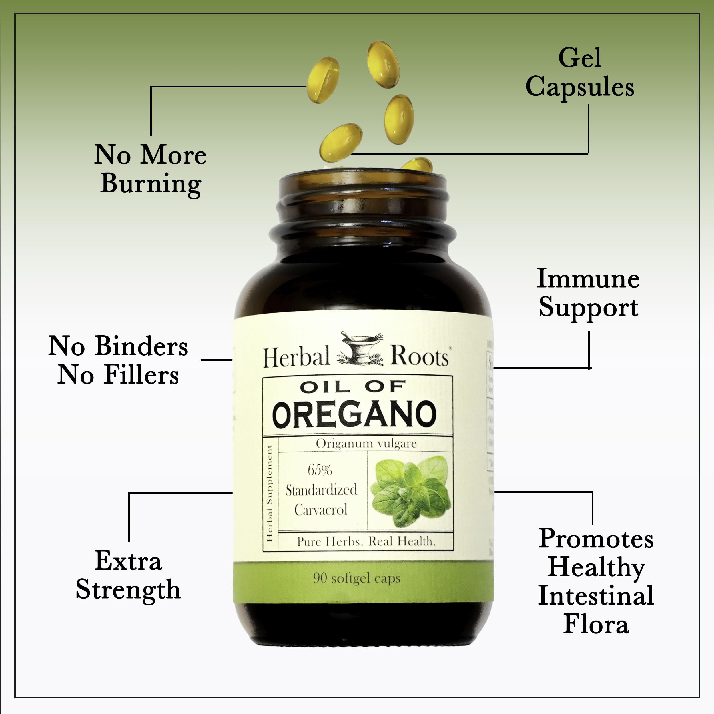 Herbal Roots etiqueta con 65% carvacrol resaltando la potencia y control de calidad