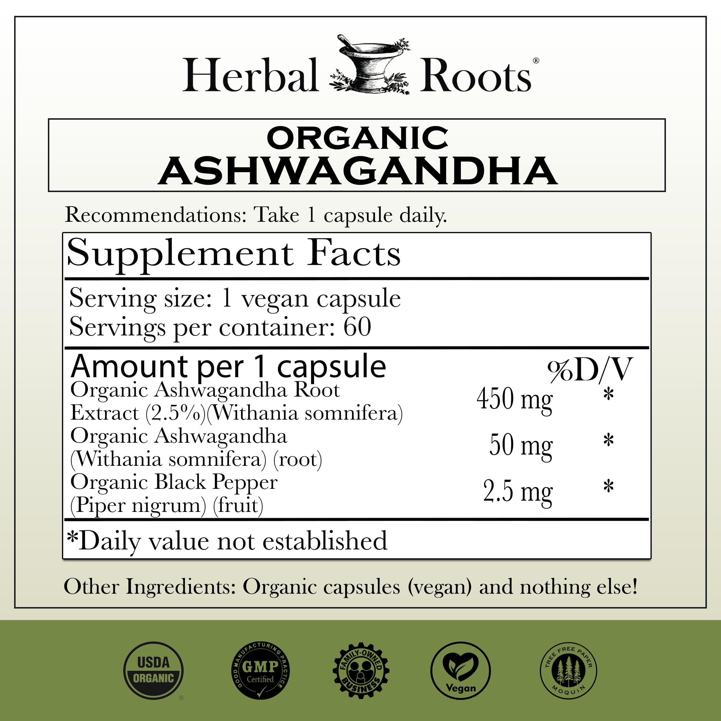Herbal Roots detalle de etiqueta con certificación USDA y cGMP visible