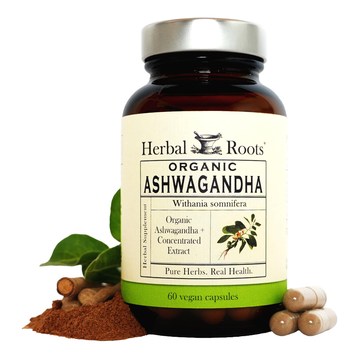 Herbal Roots frasco delante mostrando etiqueta orgánica y beneficios
