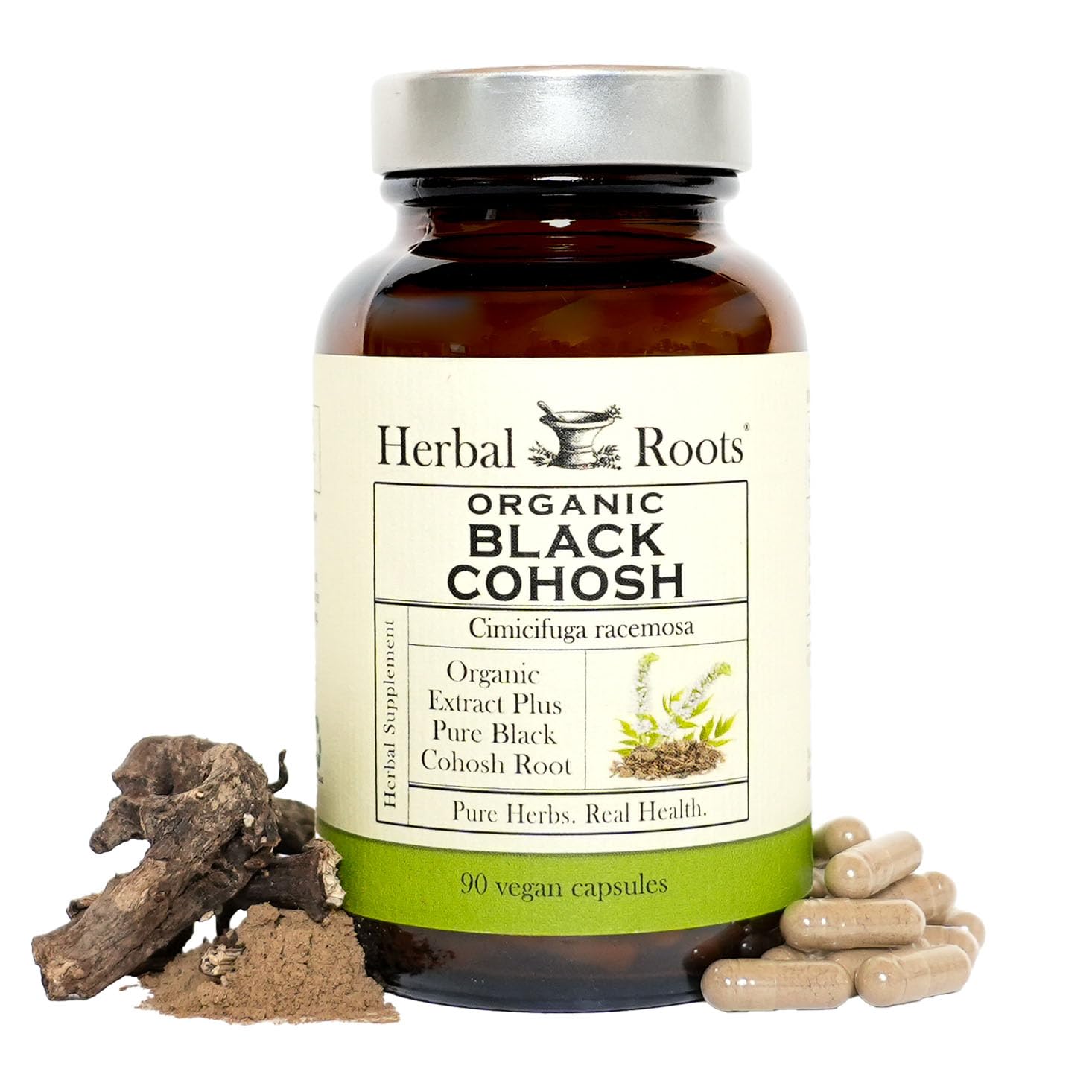 Herbal Roots frasco frontal mostrando etiqueta orgánica y beneficio de apoyo menopausia