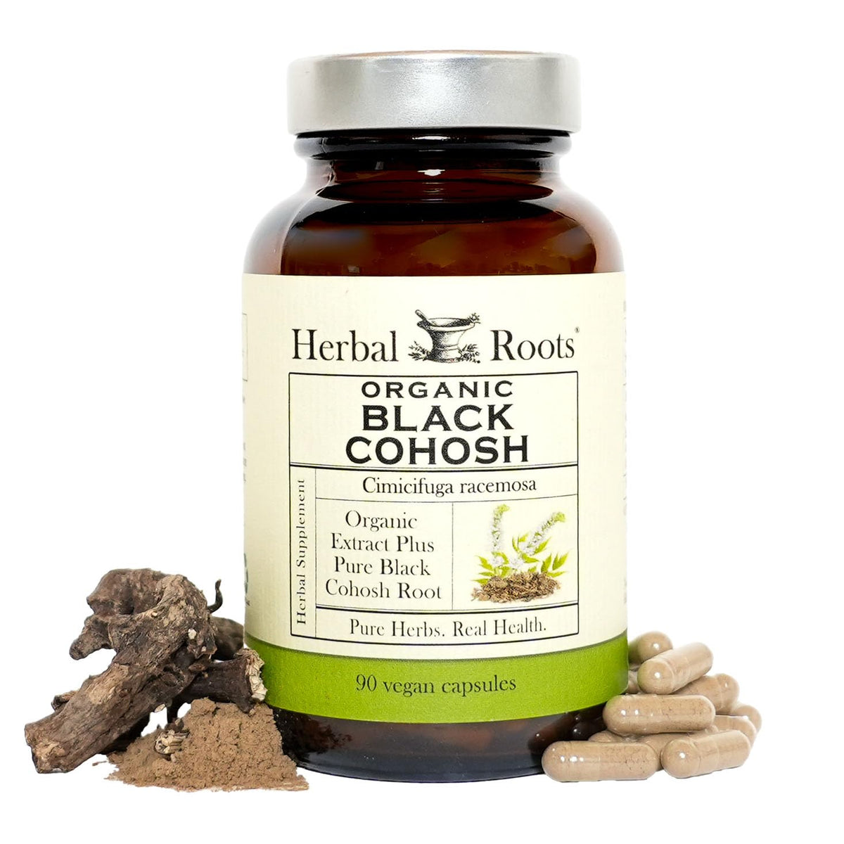 Herbal Roots frasco frontal mostrando etiqueta orgánica y beneficio de apoyo menopausia