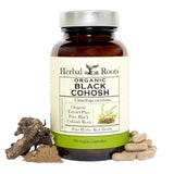 Herbal Roots frasco frontal mostrando etiqueta orgánica y beneficio de apoyo menopausia