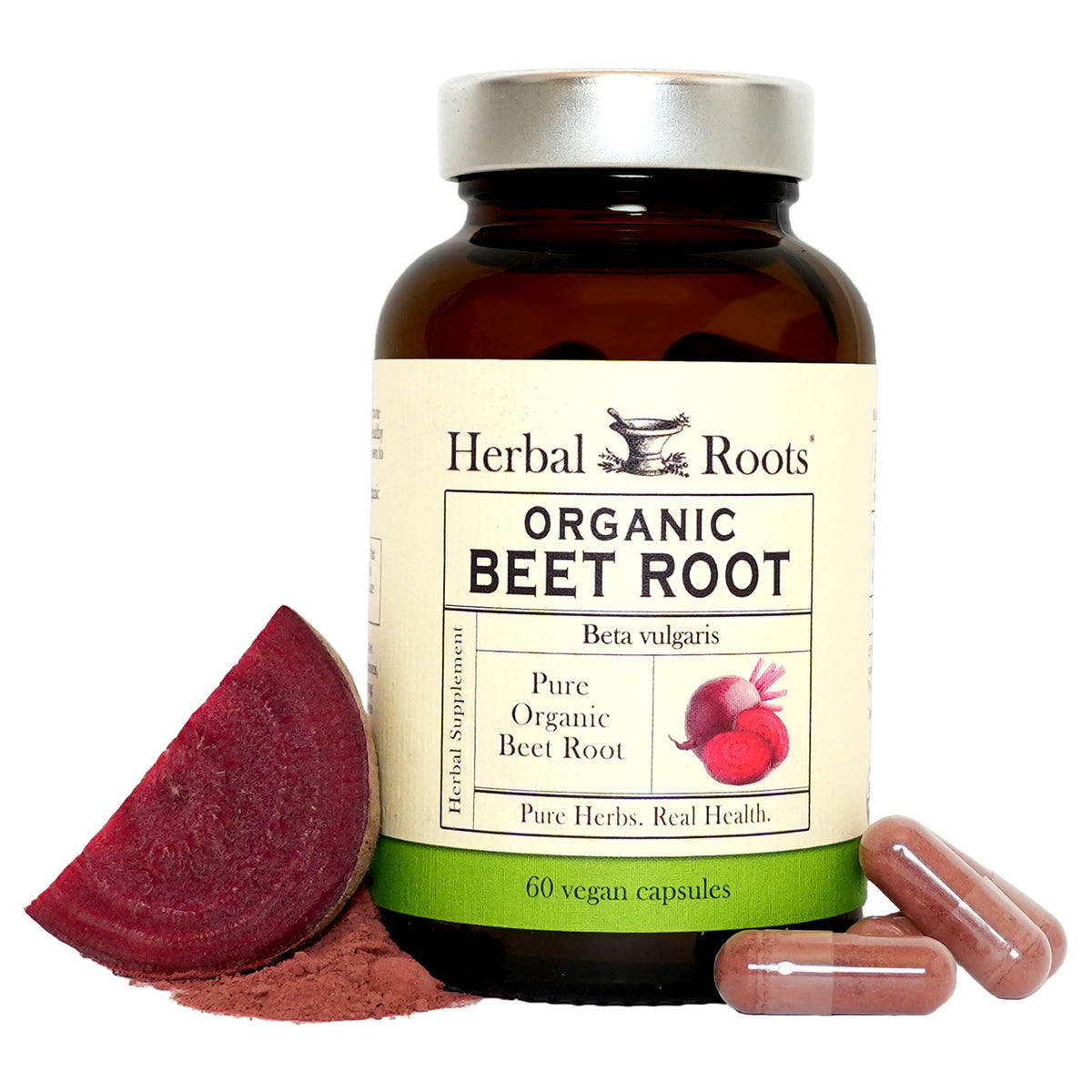 Herbal Roots frasco frontal con 60 cápsulas mostrando envase orgánico y beneficio de conveniencia