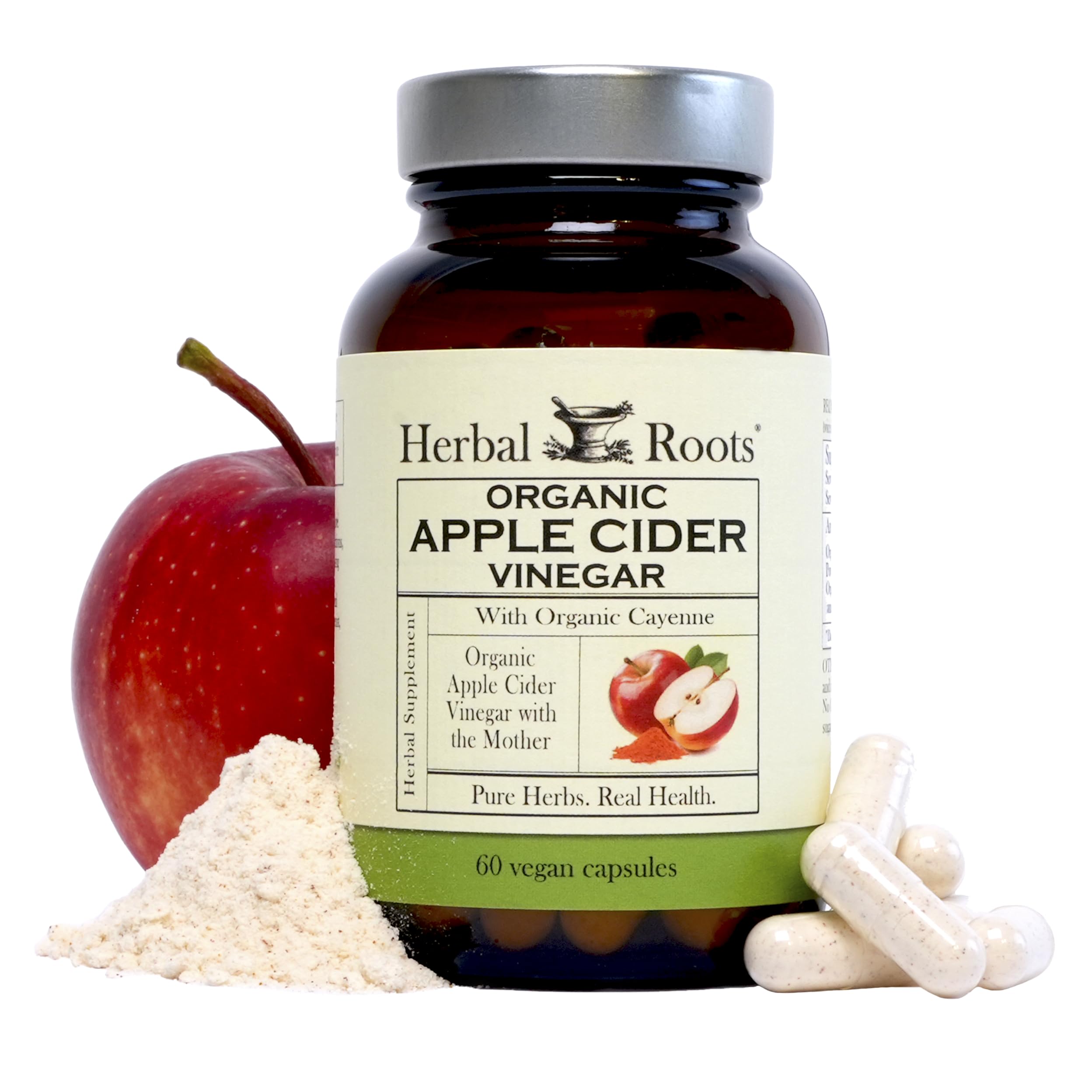 Herbal Roots frasco frontal mostrando 60 cápsulas y etiqueta clara beneficios