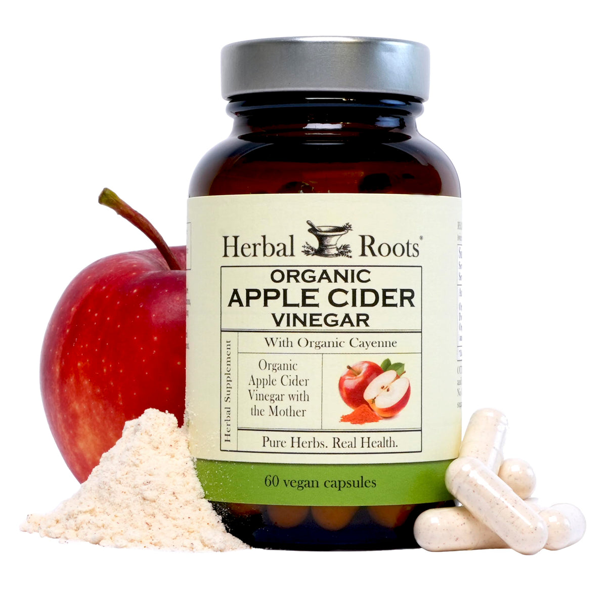 Herbal Roots frasco frontal mostrando 60 cápsulas y etiqueta clara beneficios