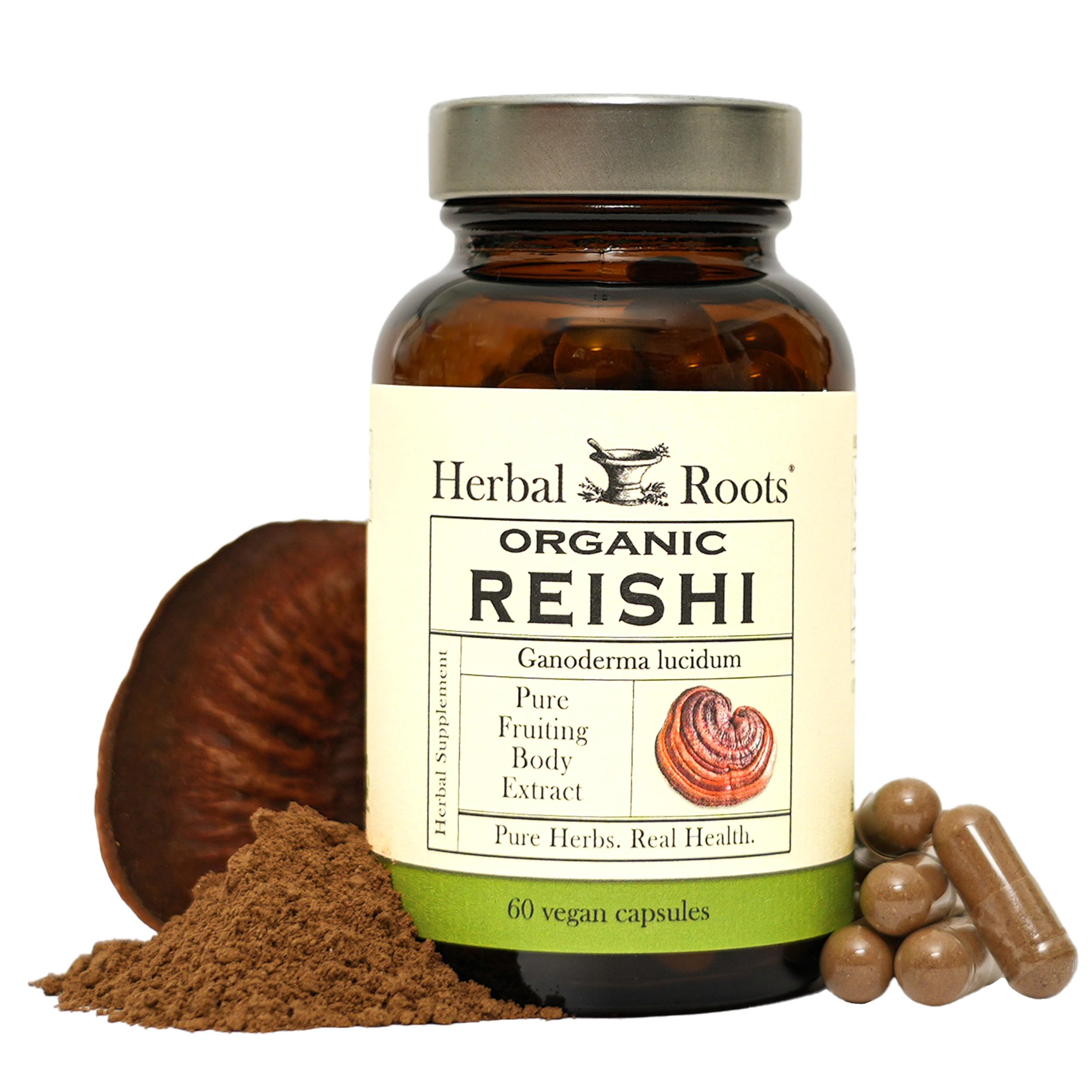Herbal Roots frasco frontal mostrando etiqueta y beneficio de pureza