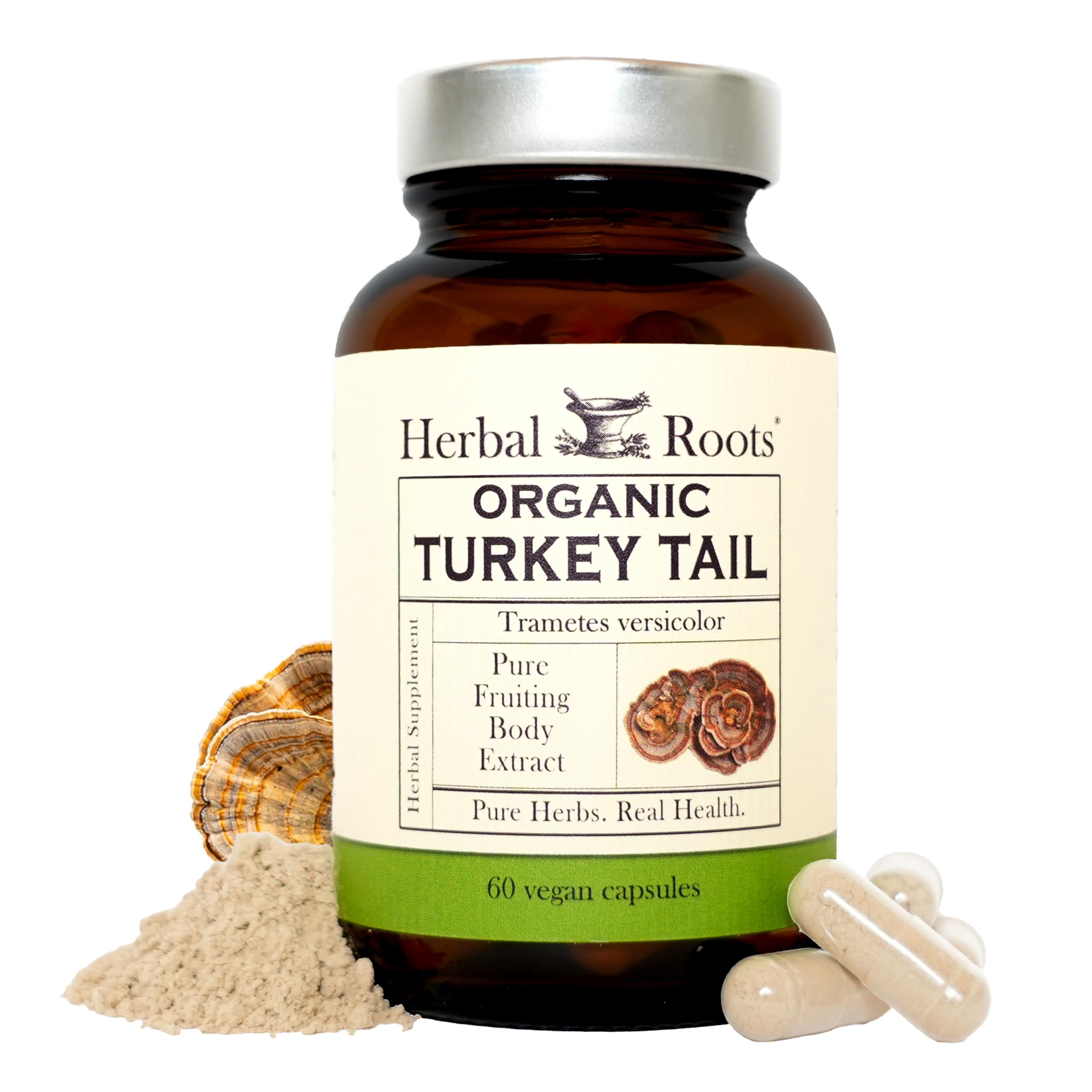 Herbal Roots frasco frontal mostrando 60 cápsulas orgánicas y diseño claro