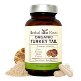 Herbal Roots frasco frontal mostrando 60 cápsulas orgánicas y diseño claro