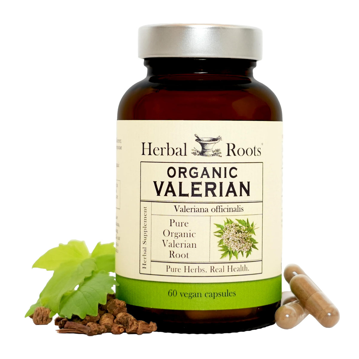Herbal Roots envase frontal mostrando etiqueta orgánica y beneficio de relajación