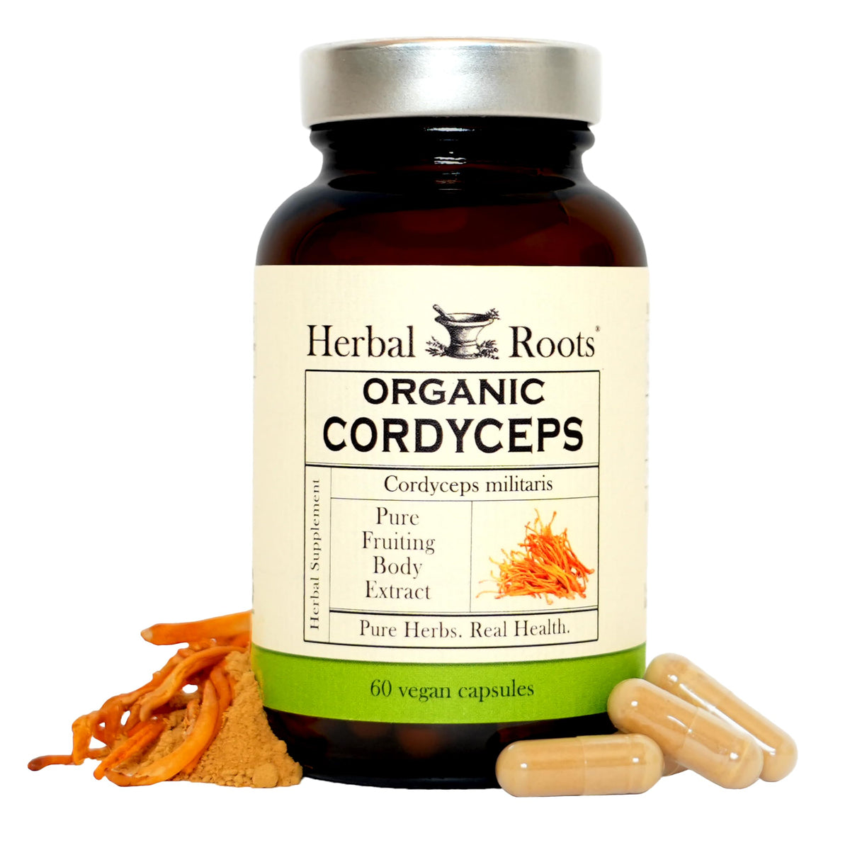 Herbal Roots frente del producto mostrando cápsulas y beneficios claros