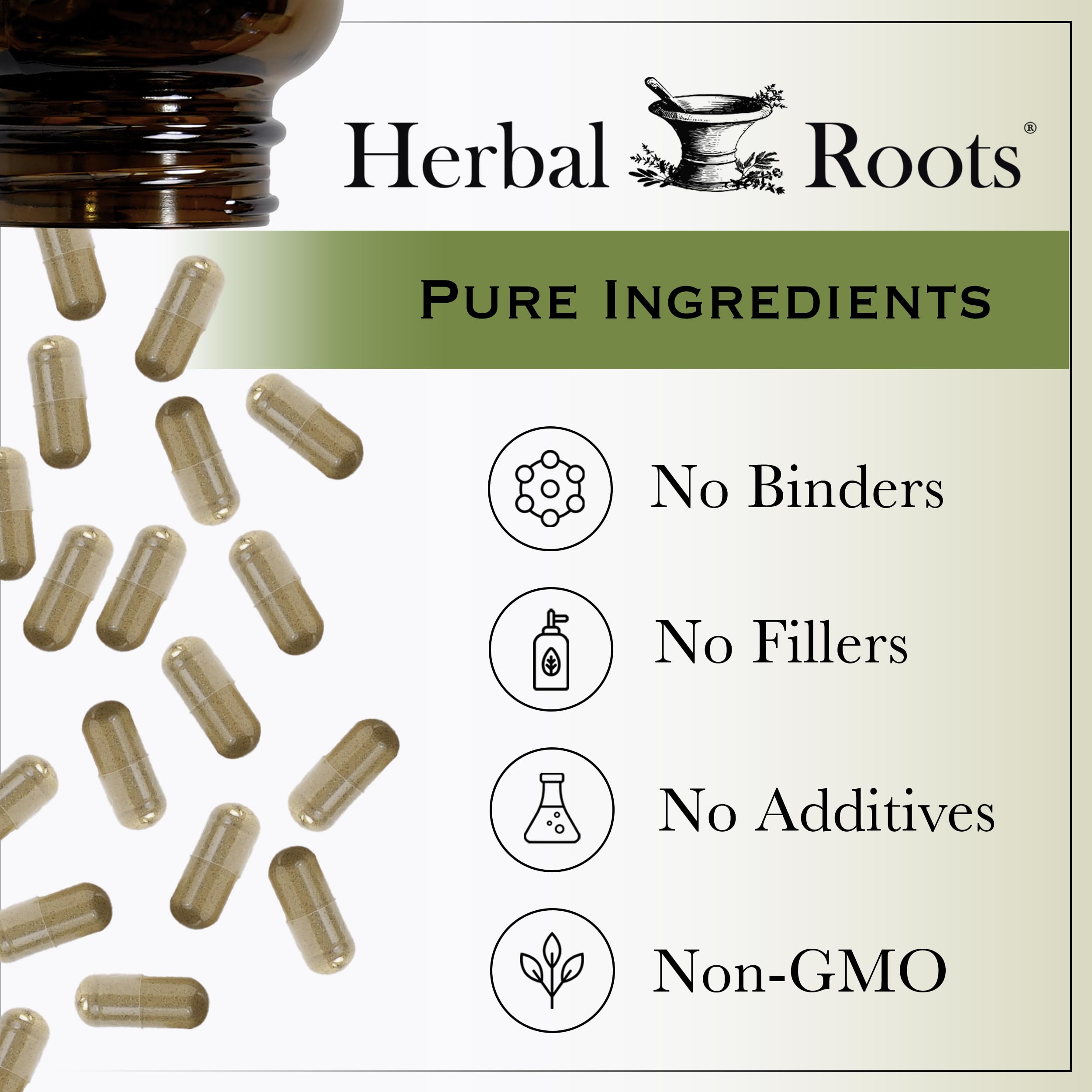 Herbal Roots cápsulas en mano para comparar tamaño y dosificación