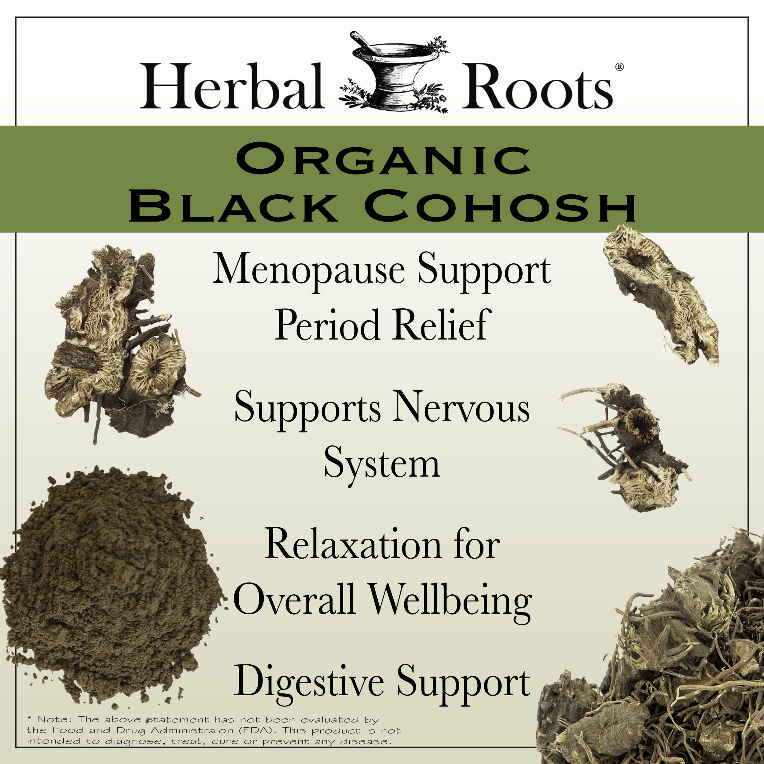 Herbal Roots polvo de raíz de cohosh negro demostrando textura y origen orgánico