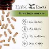 Herbal Roots frasco junto a mesa de noche sugiriendo uso para relajación