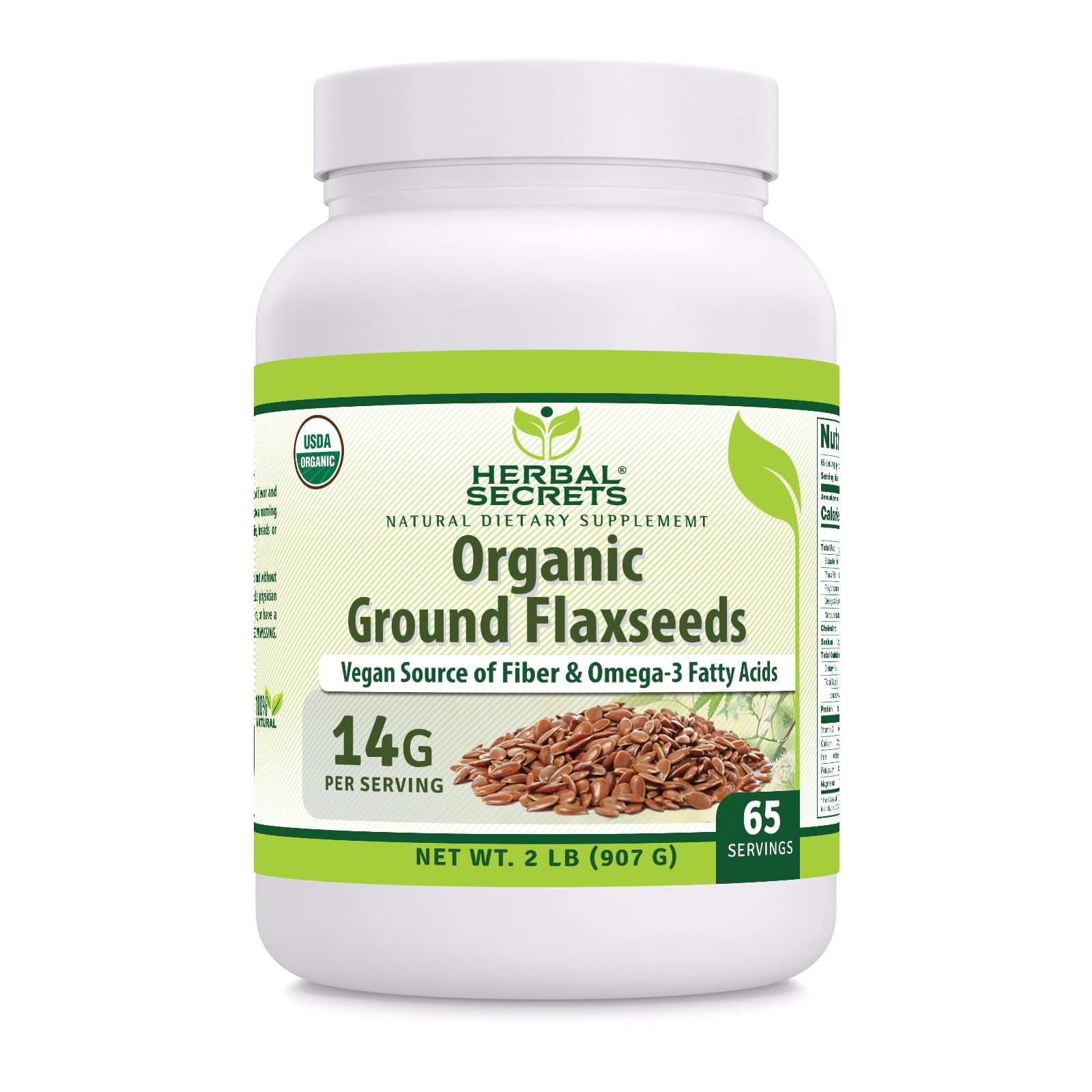 Herbal Secrets envase frontal de linaza orgánica mostrando tamaño y certificación USDA