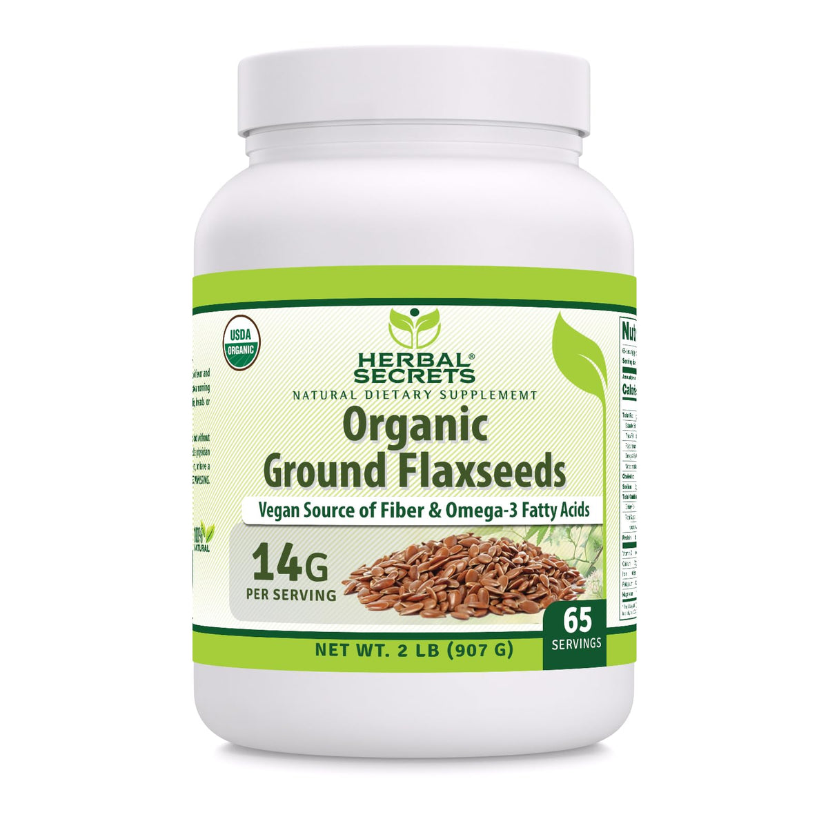 Herbal Secrets envase frontal de linaza orgánica mostrando tamaño y certificación USDA
