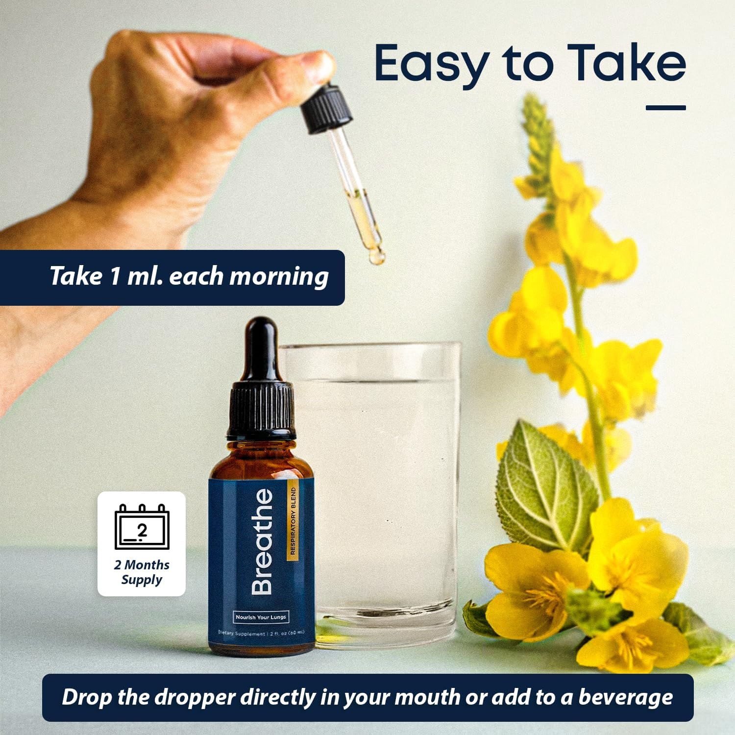 Herbal Tea Therapy gotas vertidas en vaso de agua para mezcla cómoda