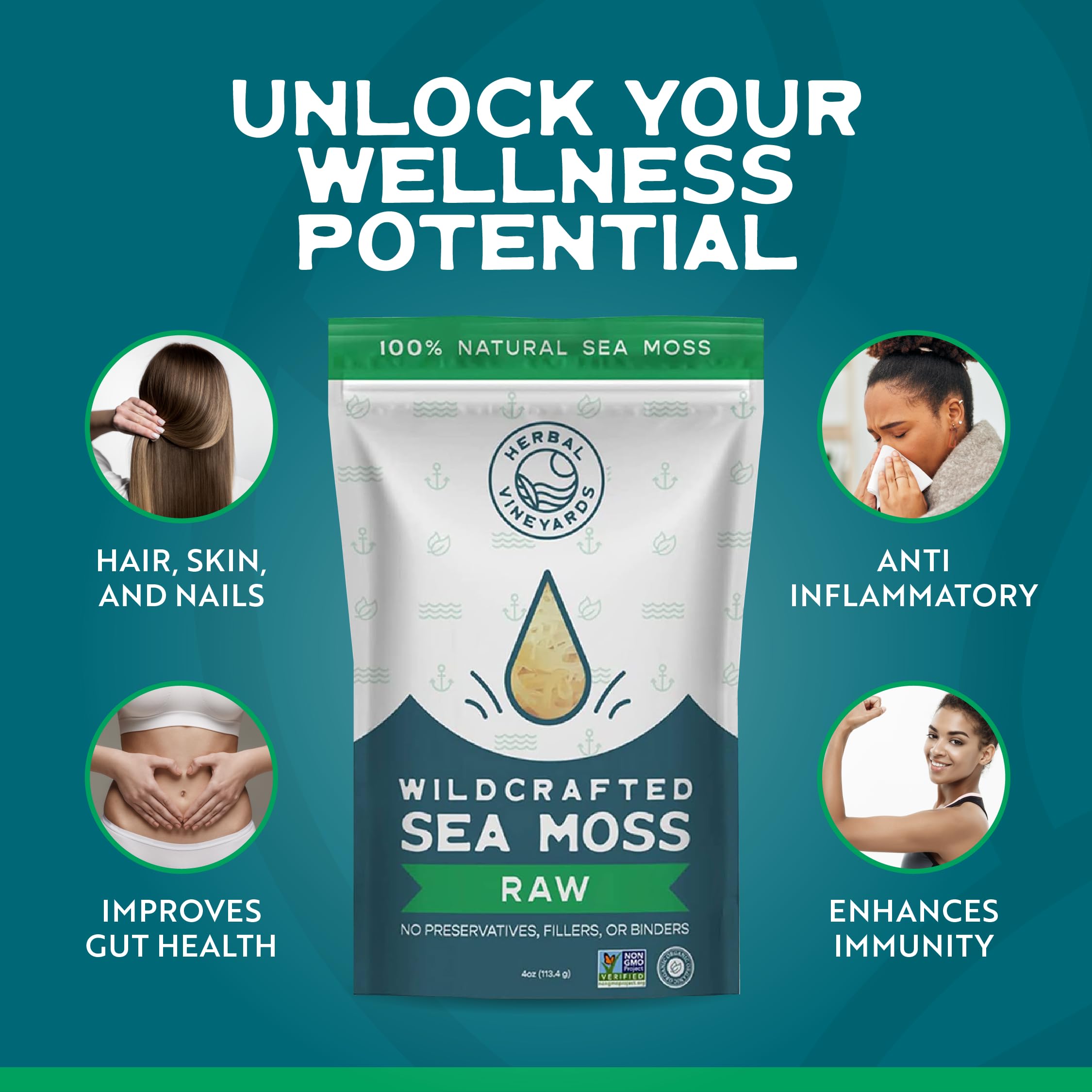 Herbal Vineyards primer plano textura del sea moss, fácil de hidratar