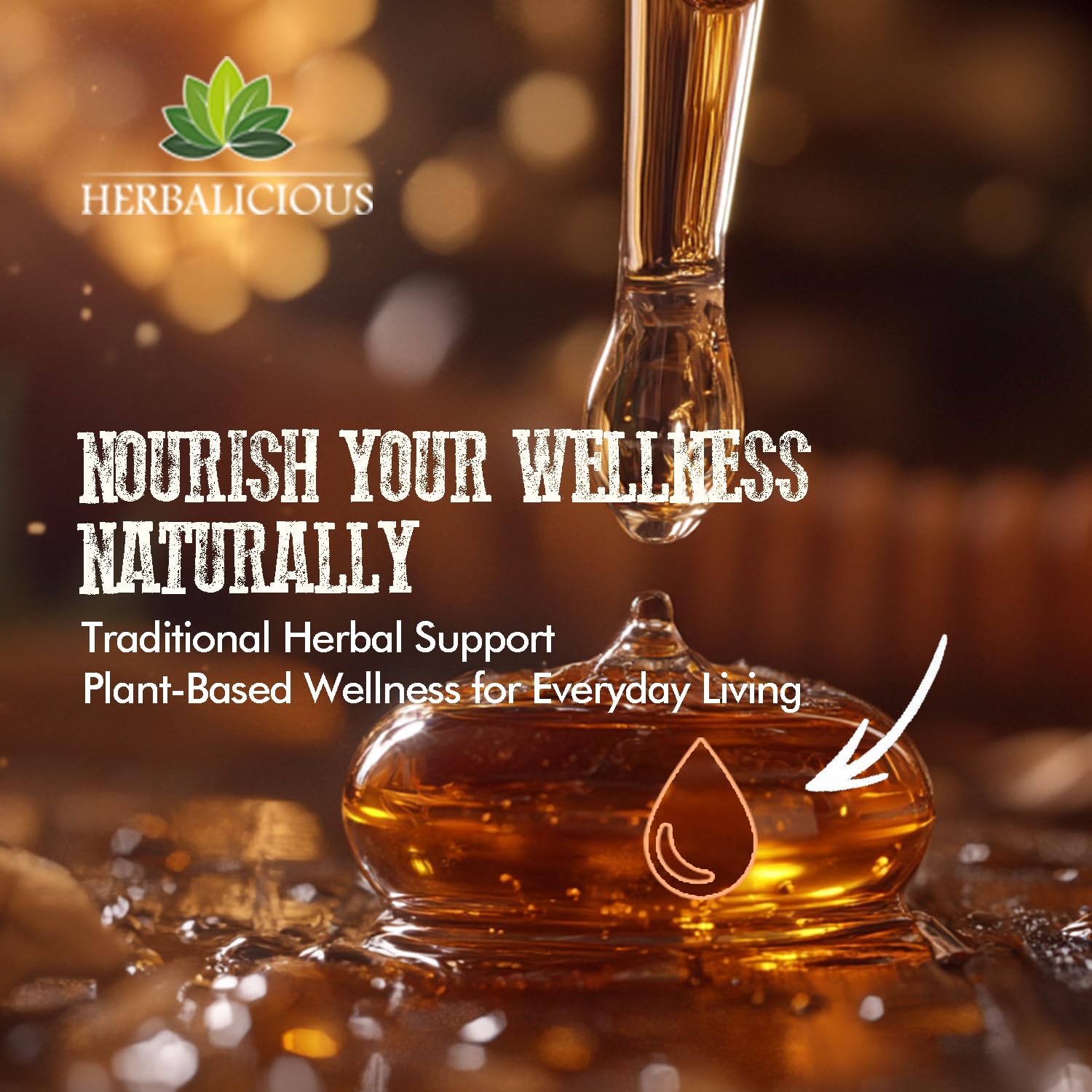 HERBALICIOUS botella sobre hojas secas en ambiente natural sugiriendo pureza