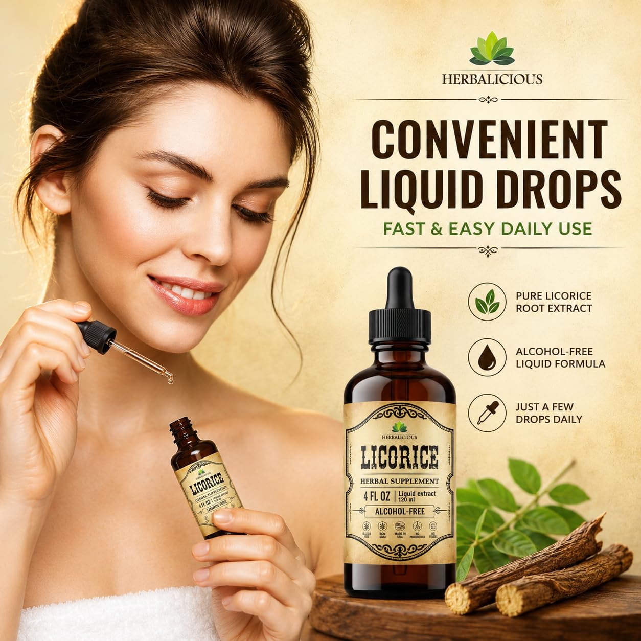 HERBALICIOUS detalle del cuentagotas mostrando la textura líquida y dosificación fácil