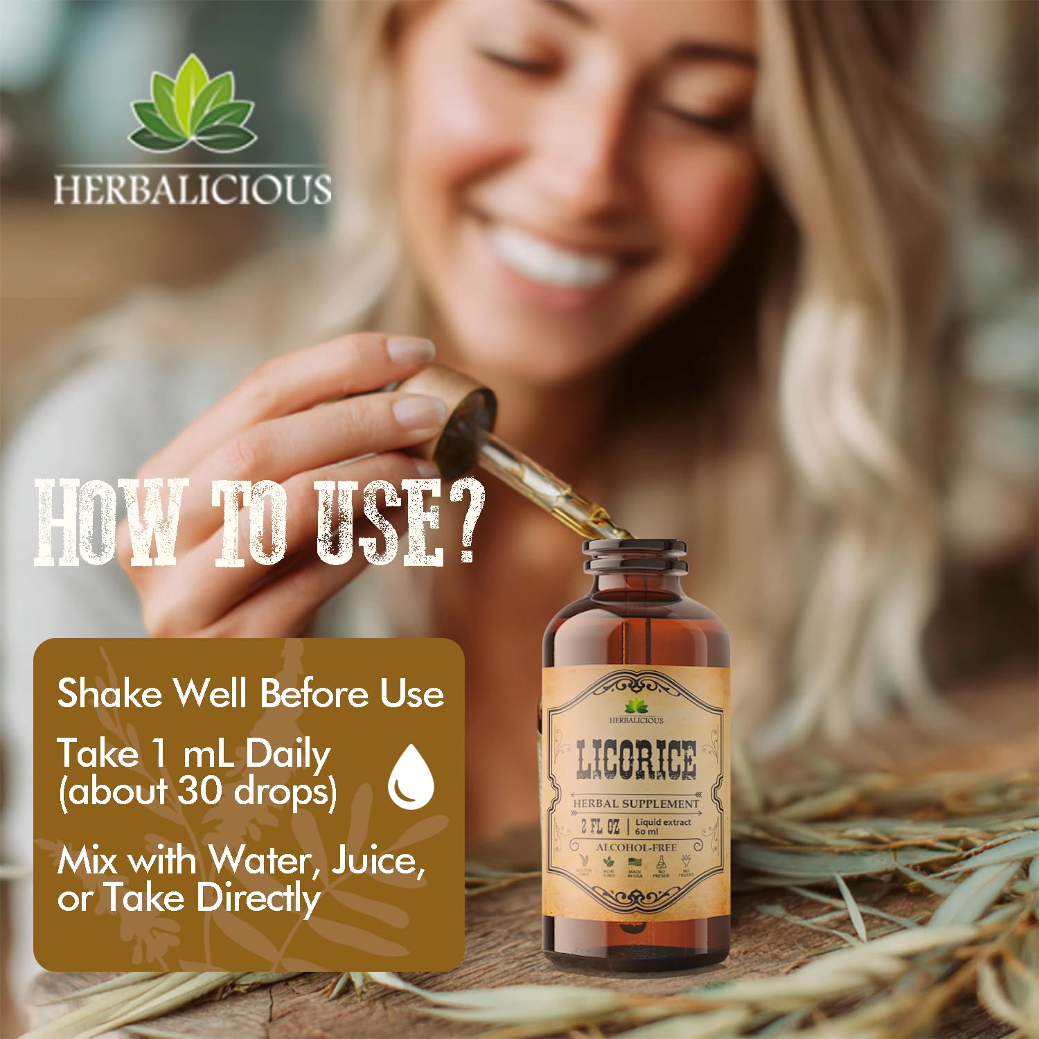 HERBALICIOUS cuentagotas en primer plano ofreciendo dosificación precisa y sin derrames