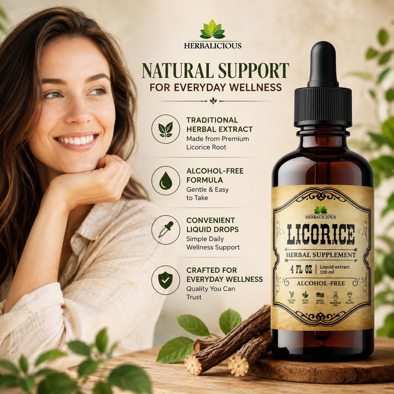 HERBALICIOUS gotas de extracto de regaliz añadidas a una taza de té para integración fácil