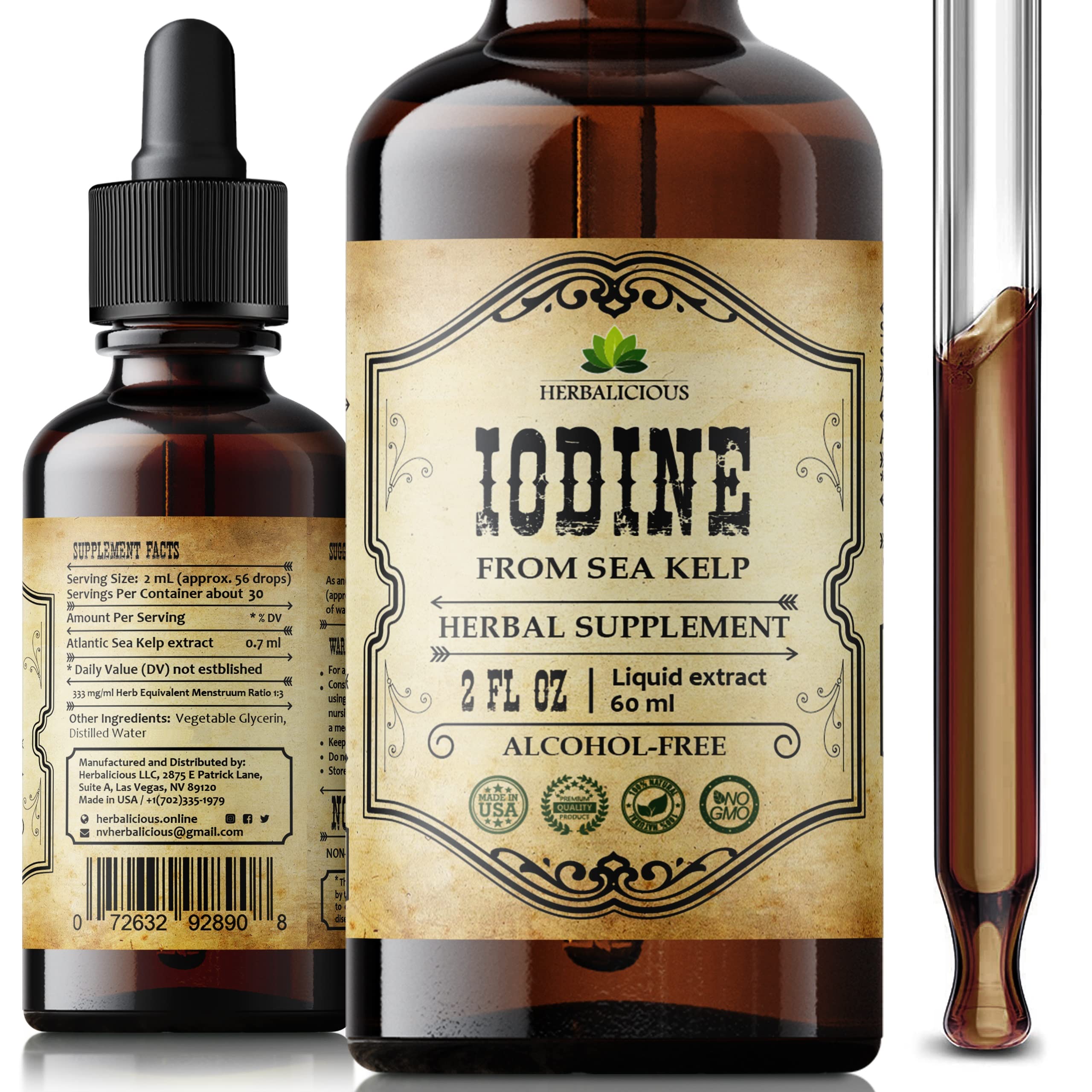 HERBALICIOUS frasco frontal de gotas de yodo muestra presentación clara y beneficios