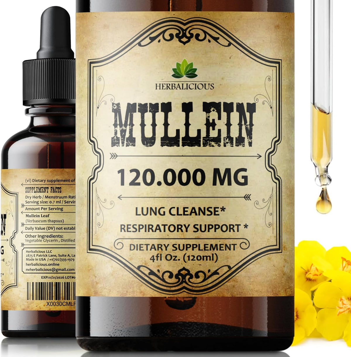 HERBALICIOUS frente del empaque mostrando botella y caja, claridad de ingredientes