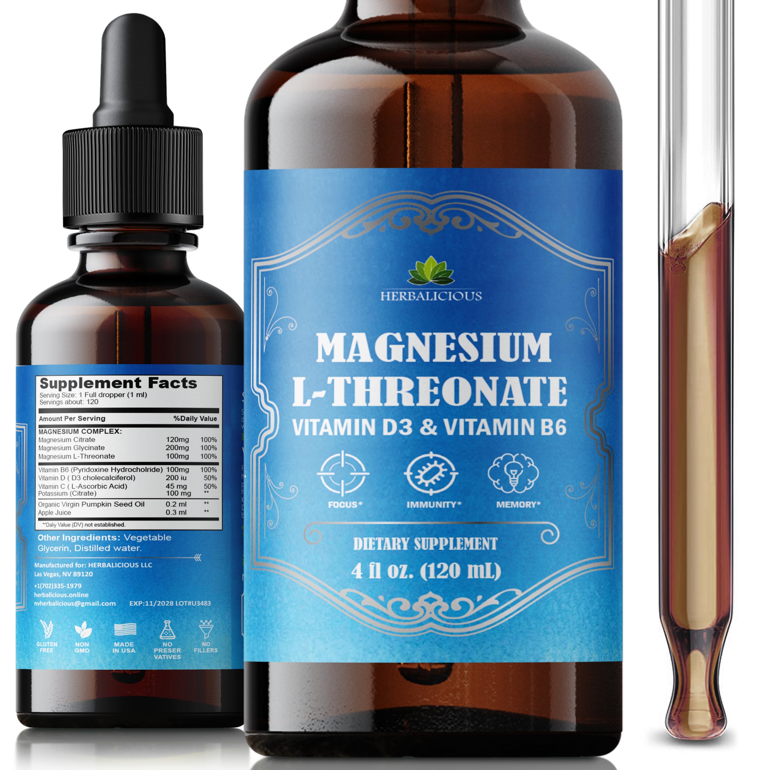 HERBALICIOUS frasco frontal del complejo de magnesio mostrando botella y etiqueta, beneficio de absorción rápida