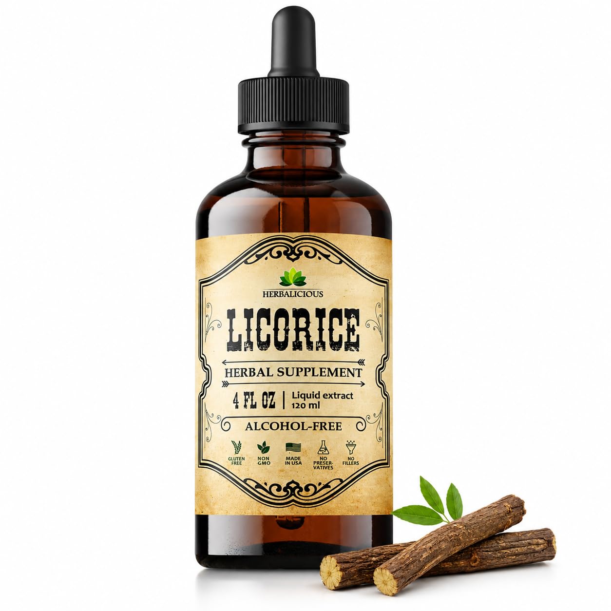 HERBALICIOUS frasco frontal del extracto de regaliz con etiqueta clara y beneficios