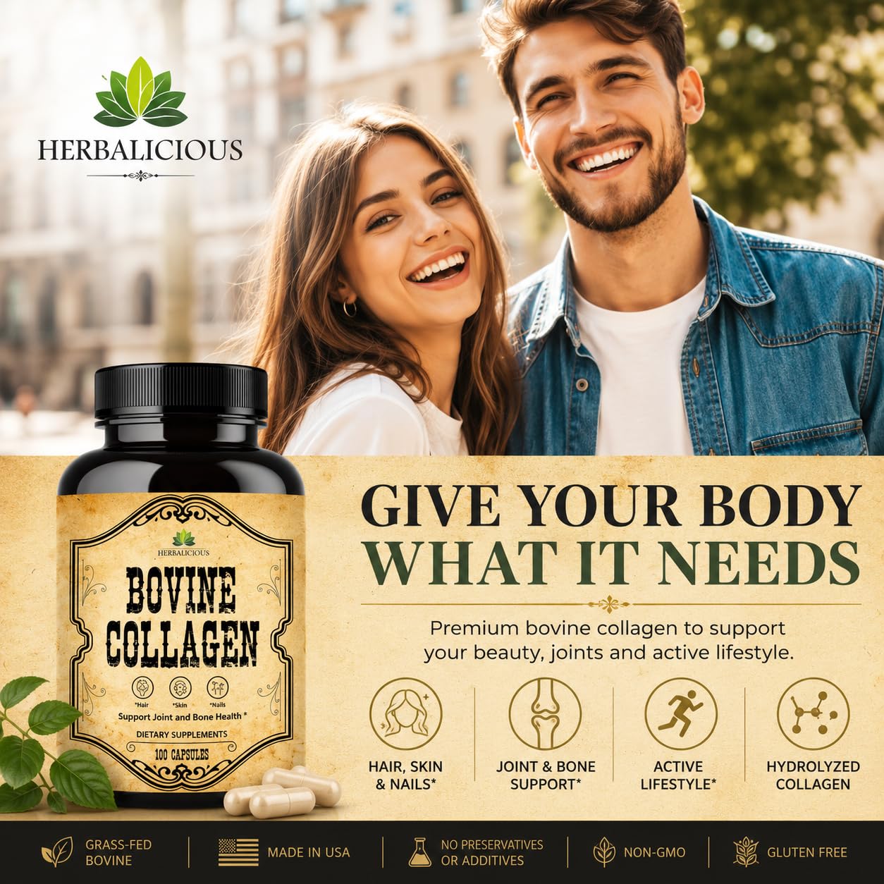 HERBALICIOUS mano sosteniendo cápsulas para uso diario sencillo