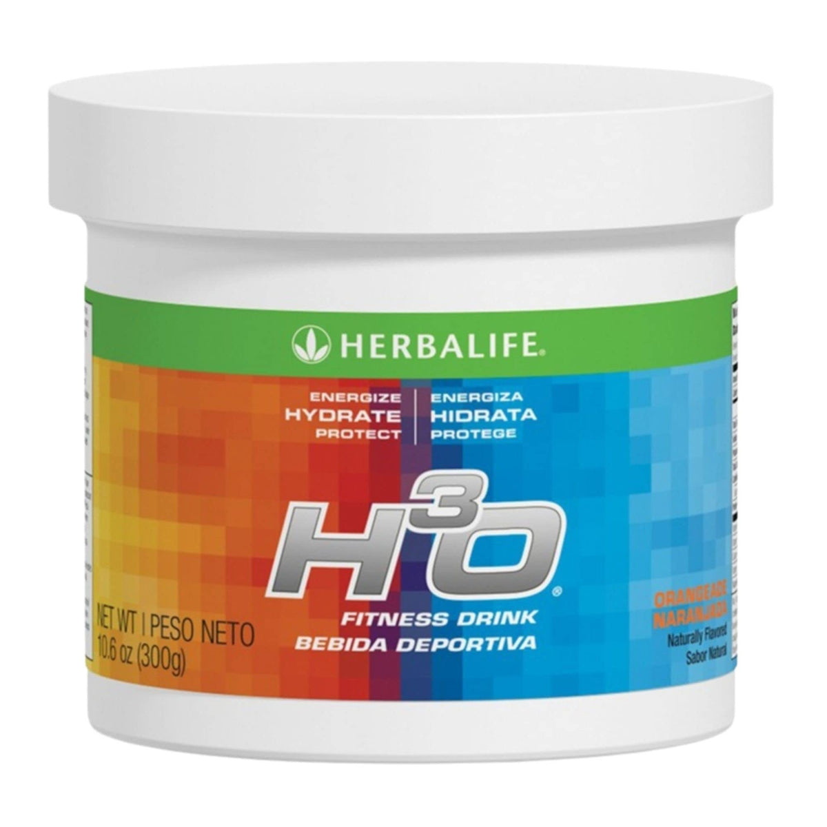 Herbalife H³O lata frontal mostrando diseño y beneficio de hidratación rápida