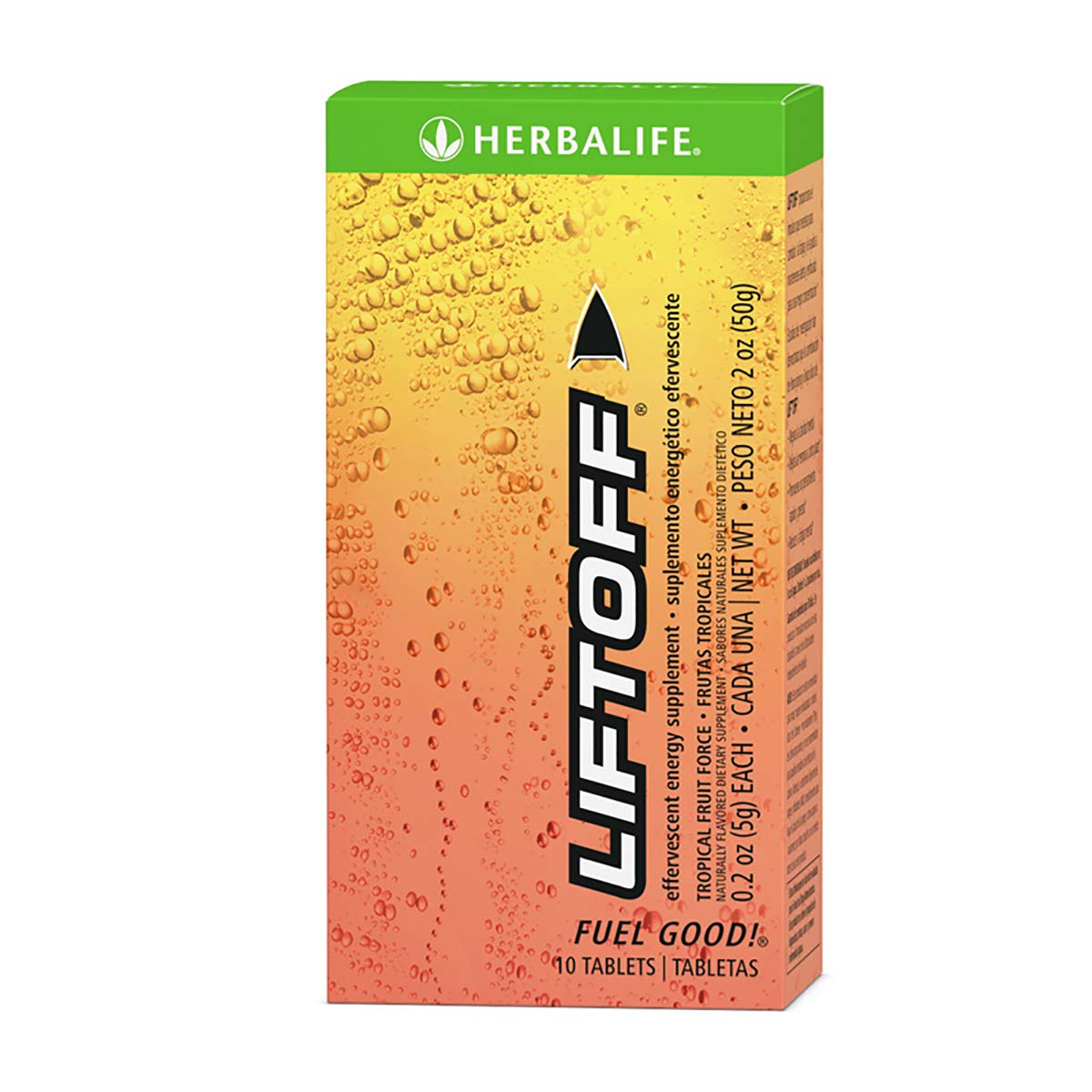 Herbalife Liftoff empaque frontal mostrando el formato práctico y beneficios de energía
