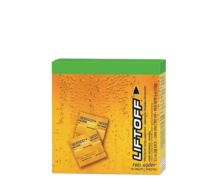 Herbalife Liftoff frente del envase mostrando tabletas y beneficio energético