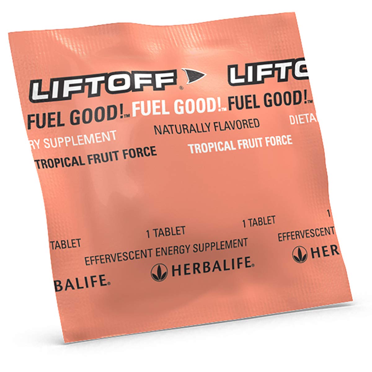 Herbalife Liftoff tableta efervescente en primer plano, disolución rápida y sabor tropical