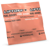 Herbalife Liftoff tableta efervescente en primer plano, disolución rápida y sabor tropical