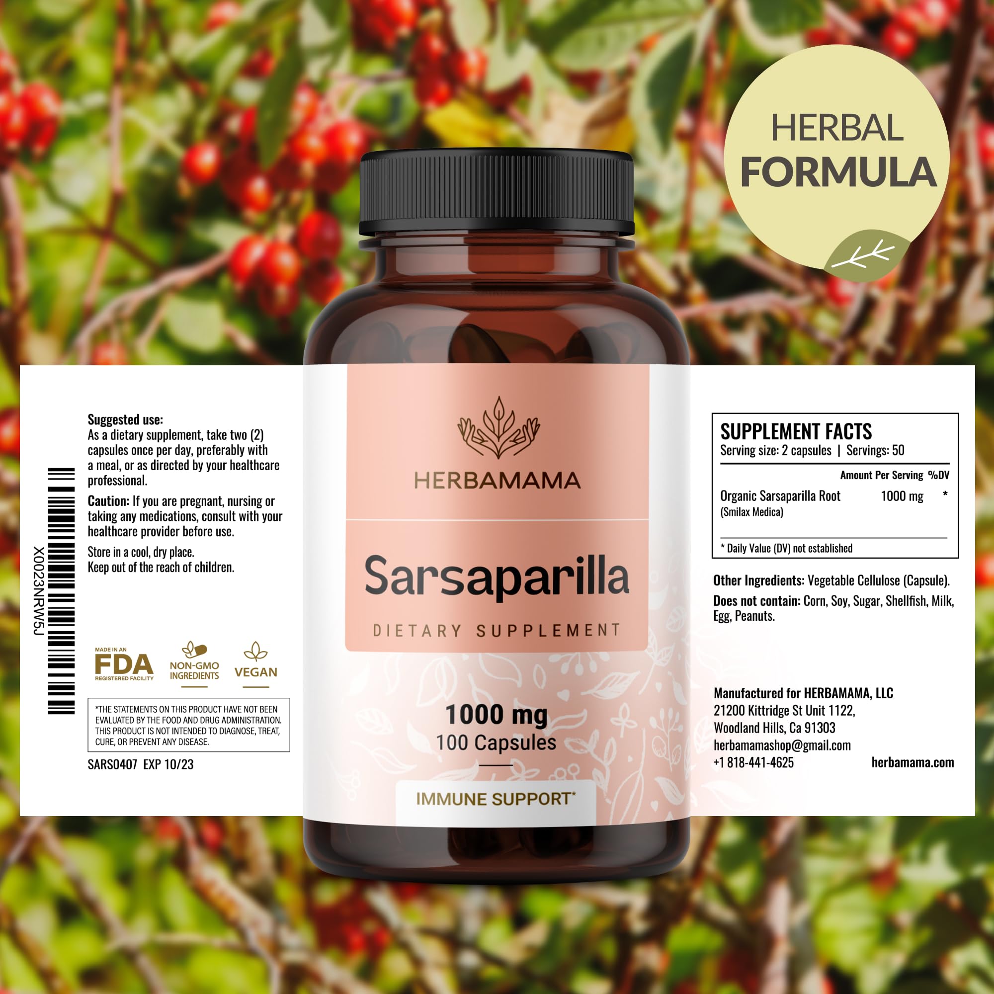 HERBAMAMA hojas de sarsaparilla junto a cápsulas para conexión natural