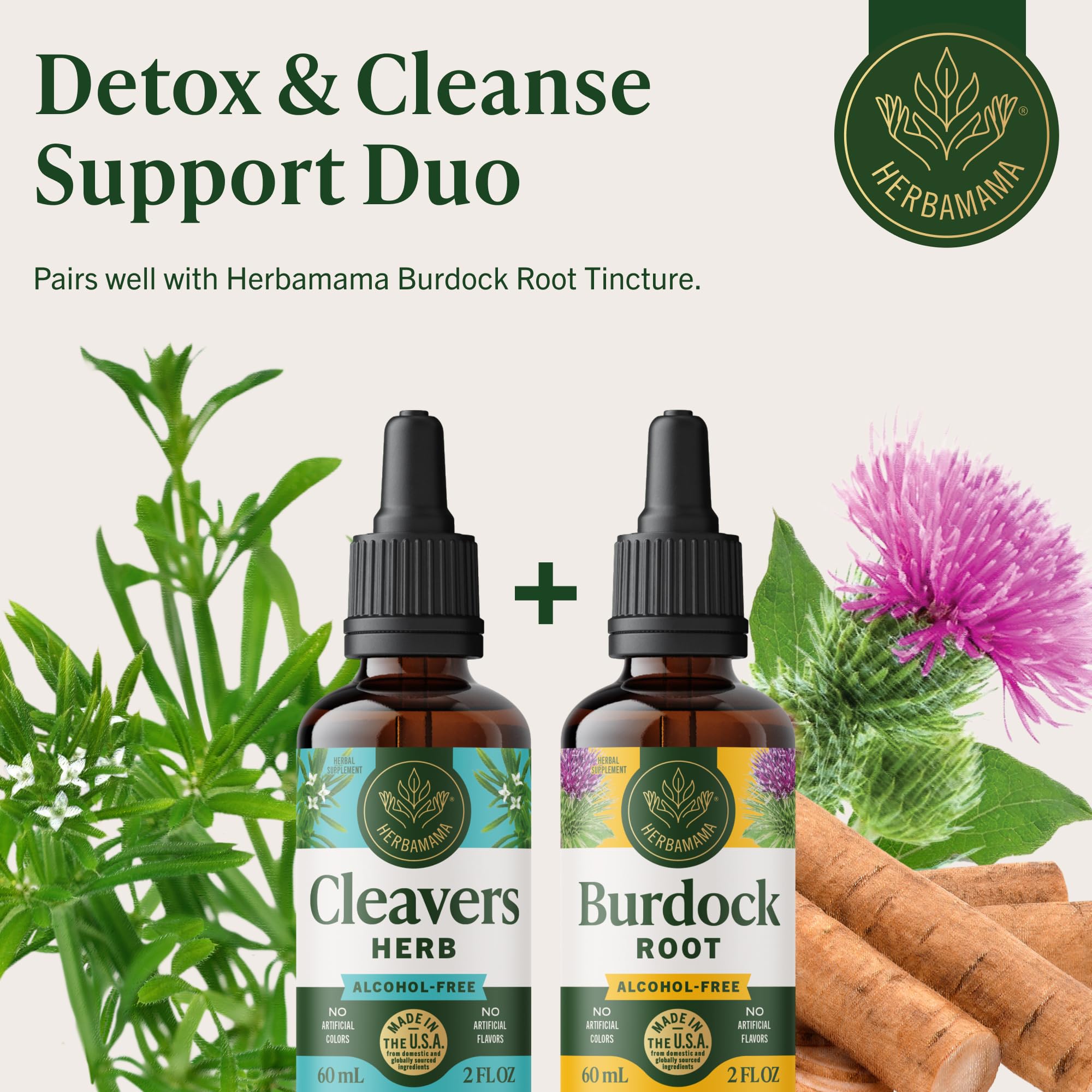 HERBAMAMA hojas de Cleavers y glicerina vegetal indicando origen natural