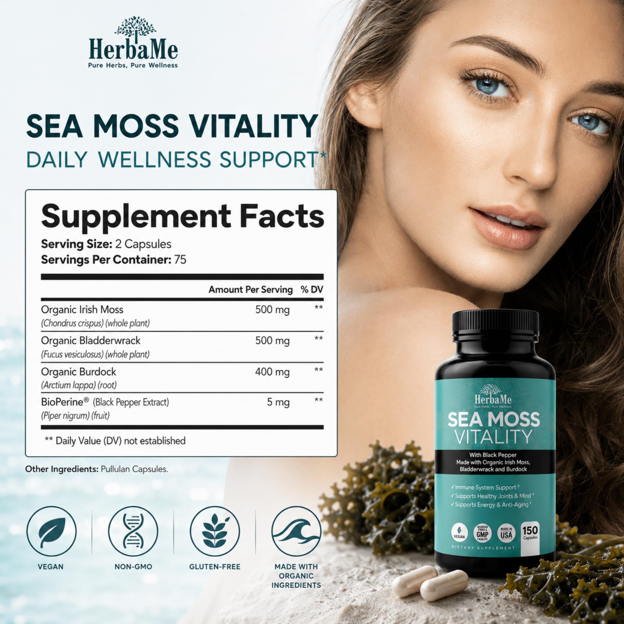 HerbaMe frasco en encimera de cocina junto a alimentos saludables