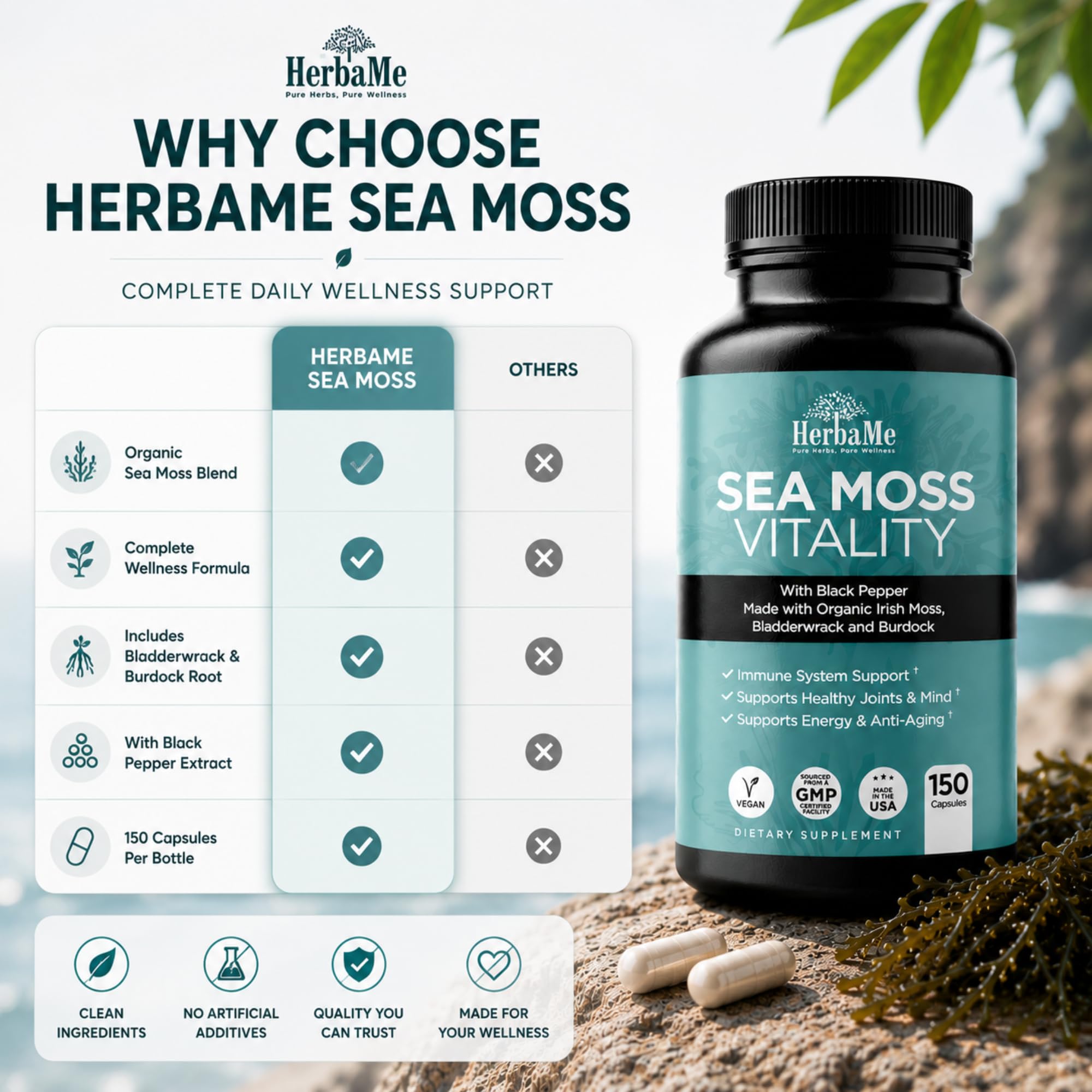 HerbaMe algas y raíz de bardana en primer plano mostrando origen botánico