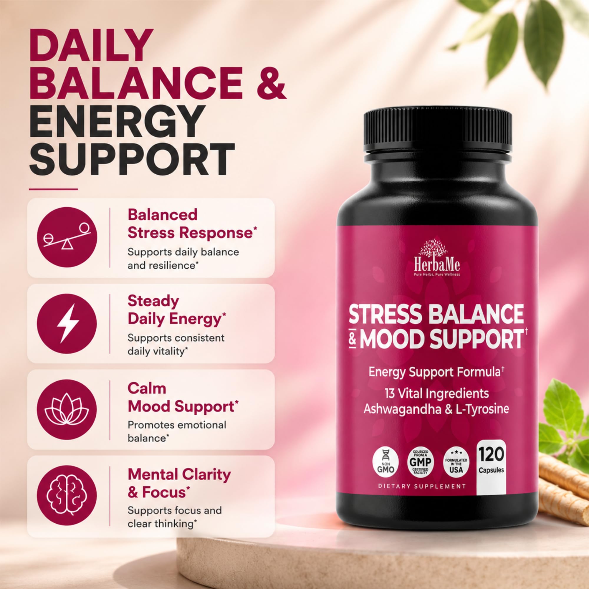 HerbaMe ingredientes ashwagandha y L‑tirosina representados para equilibrio mental