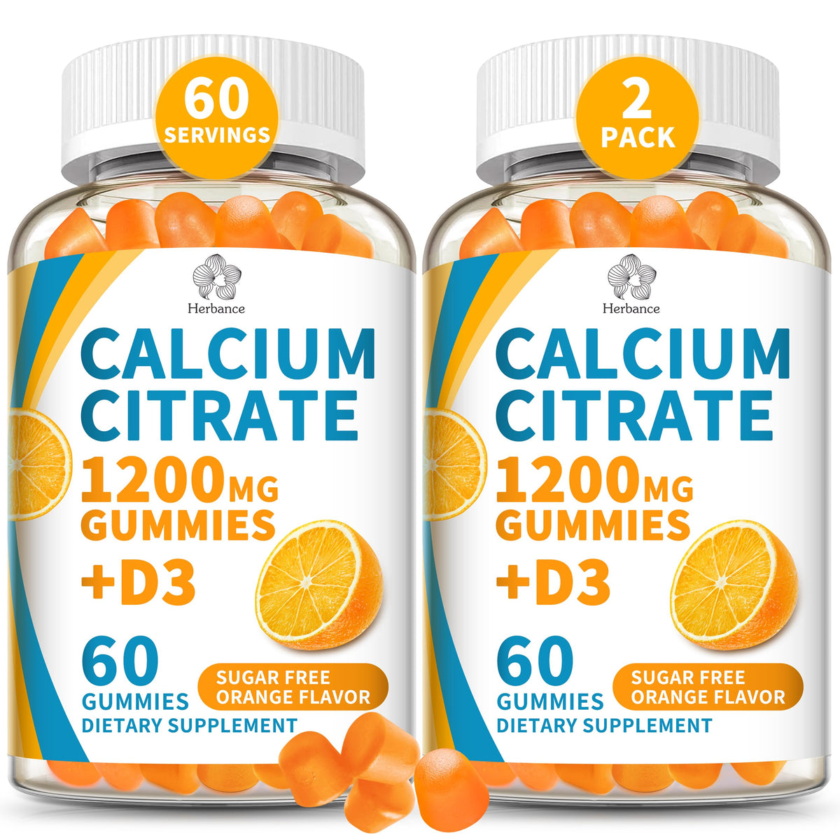 Herbance envase frontal de gomitas de calcio citrato, muestra claridad del producto y confianza